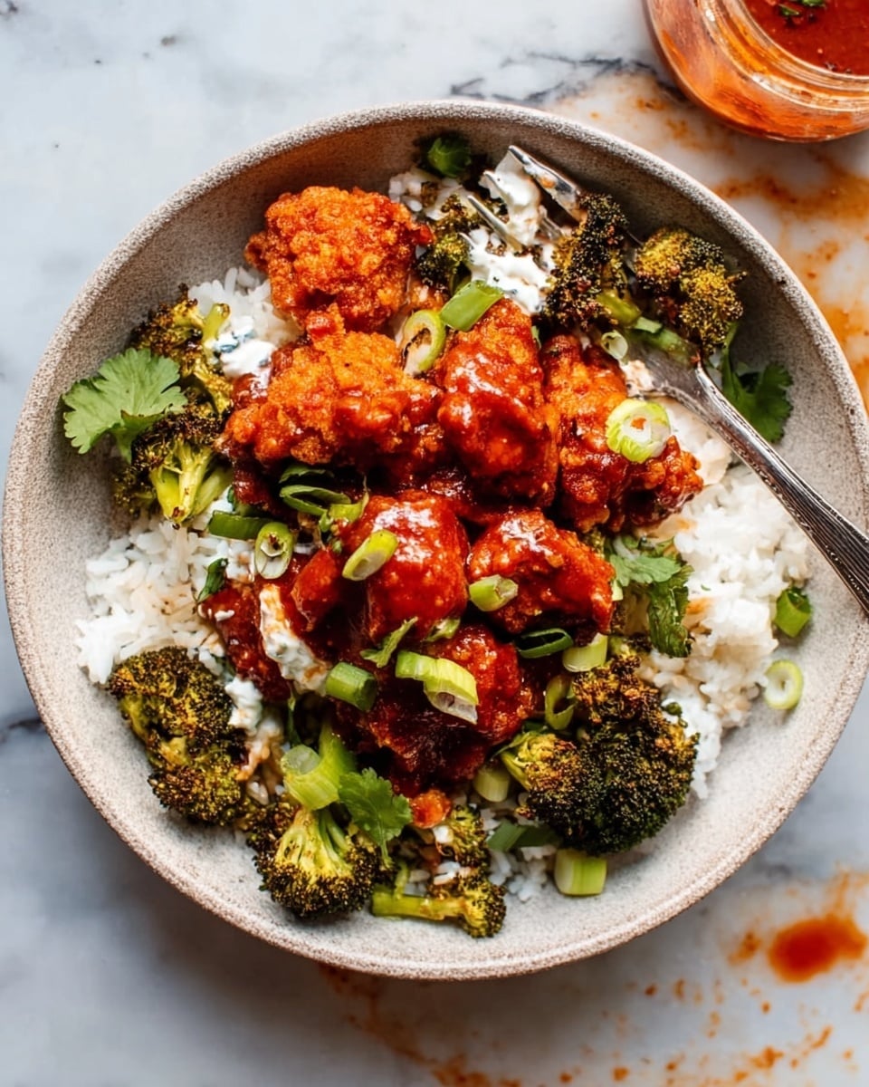 A white round plate filled with fluffy white rice as the bottom layer, topped with pieces of crispy, reddish-brown battered chicken coated in a shiny sauce spread over the rice. There are dark green, slightly charred broccoli florets mixed in with the chicken on the top layer. Thinly sliced bright green scallions are sprinkled across the dish, adding fresh color. There are small drizzles of a light cream sauce on top of the chicken and rice. The plate sits on a white marbled surface with a glass of light yellow drink behind it and small bowls of sauce nearby. Photo taken with an iphone --ar 4:5 --v 7