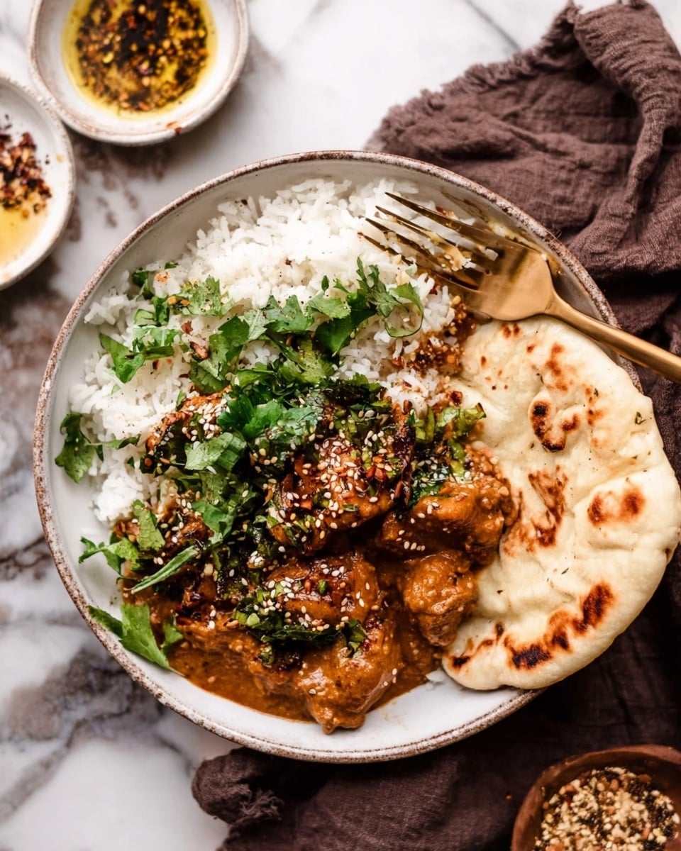A white bowl holds a layered meal with three main parts: on the left side there is white rice with some cilantro sprinkled on top, in the middle is brown curry with chunks of meat covered in sauce and topped with greens and seeds, and on the right side is a folded piece of toasted flatbread with light brown spots and a soft texture. A gold fork partially rests on the rice. The bowl rests on a dark brown cloth over a white marbled surface. In the background, there is a small white dish with oil and spices. Photo taken with an iphone --ar 4:5 --v 7