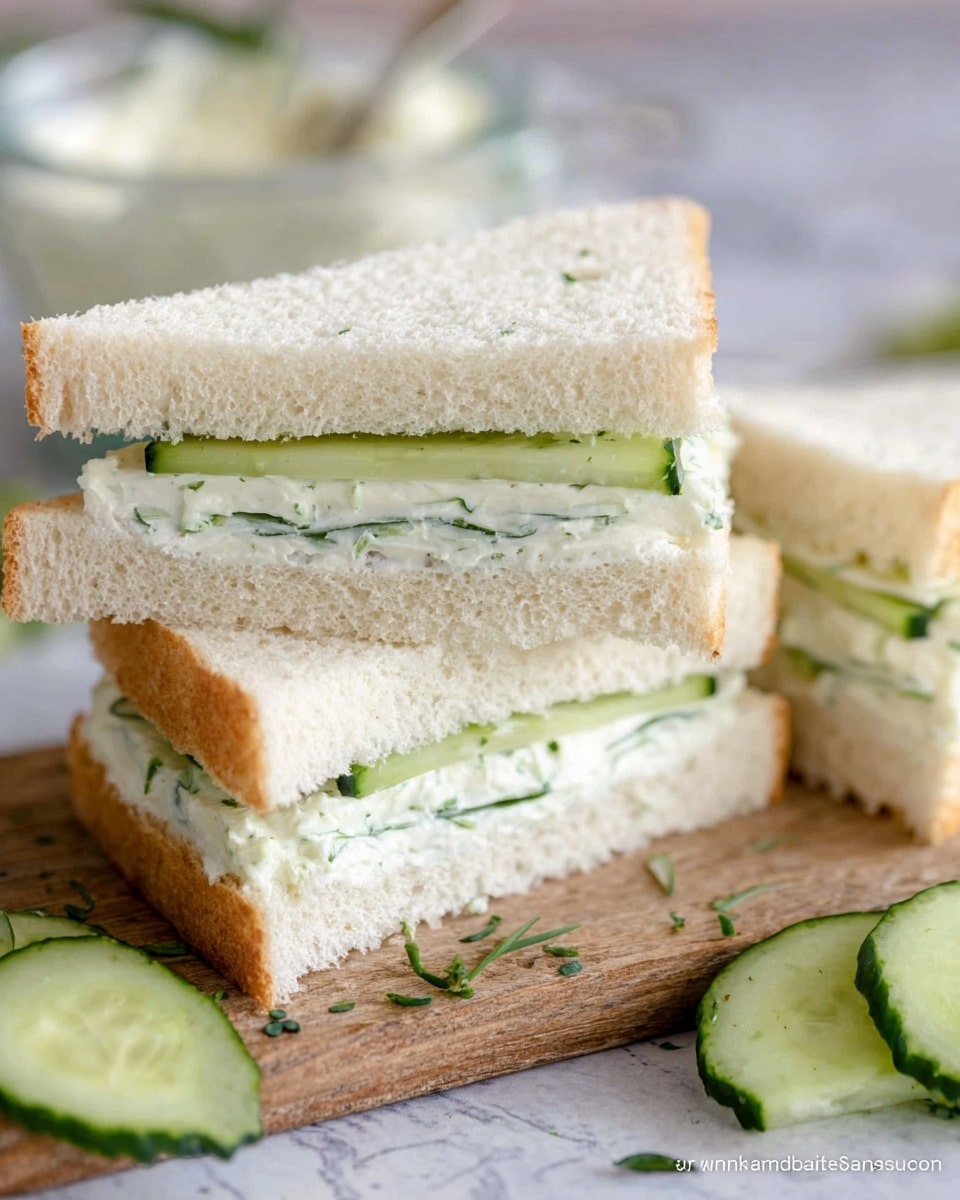The image shows five sandwich pieces arranged on a white marbled surface. Each sandwich has two layers of soft white bread with a thin middle layer consisting of creamy white spread and thin green cucumber slices with small bits of chopped herbs. The sandwiches are rectangular and cut evenly to show the fresh green cucumber and creamy filling inside. Thin slices of cucumber are placed beside the sandwiches. Photo taken with an iphone --ar 4:5 --v 7