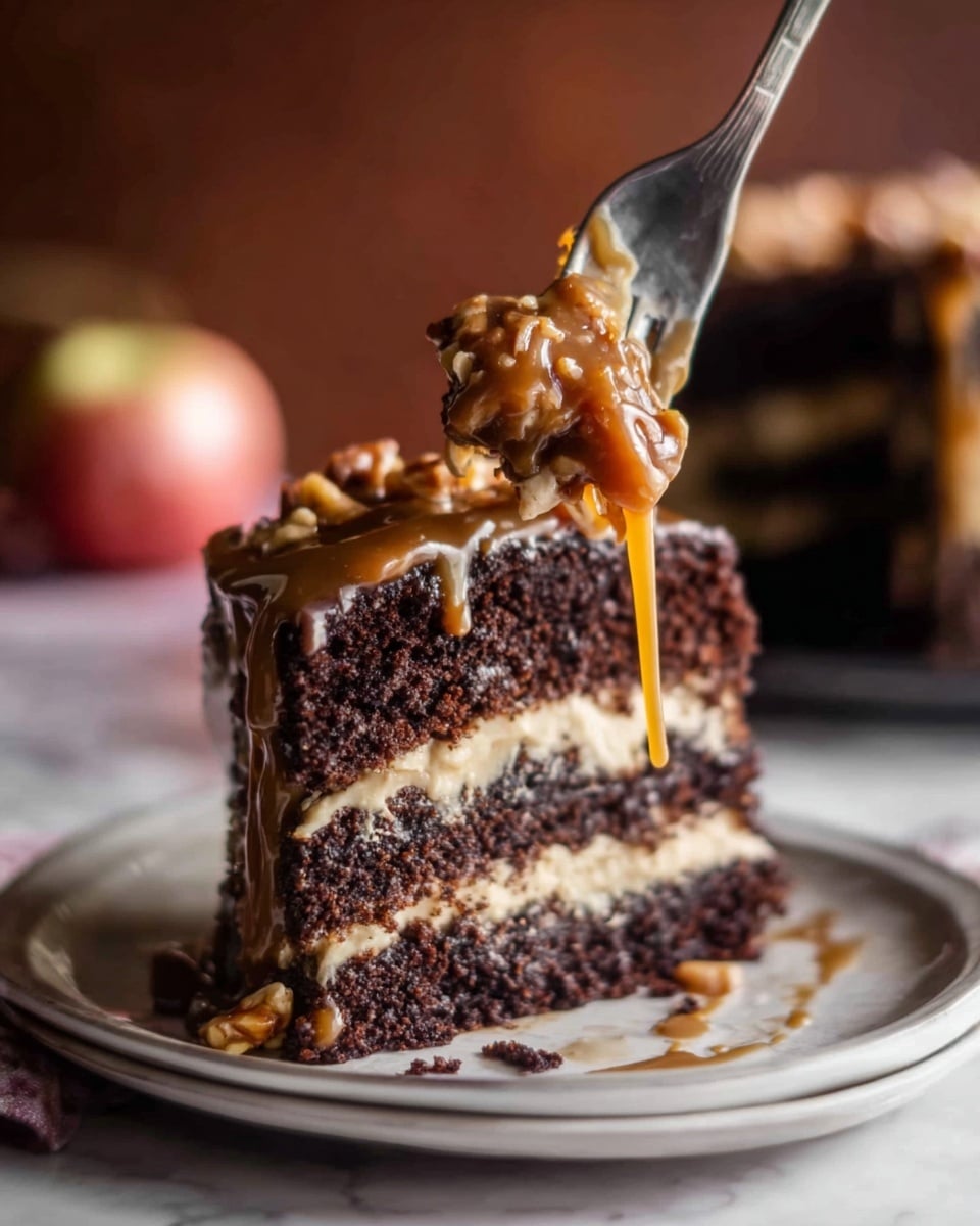 A dark brown chocolate layer cake with three visible thick layers is shown, each layer separated by light brown creamy filling. The cake is topped with a thick caramel glaze that drips down the sides, sprinkled with chopped nuts. A shiny red and green caramel apple with a dark twig stick is placed on top of the cake. A slice of the same cake is served on a white plate with a silver fork on the side. The background features more caramel apples and a dark setting, all placed on a white marbled surface. Photo taken with an iphone --ar 4:5 --v 7