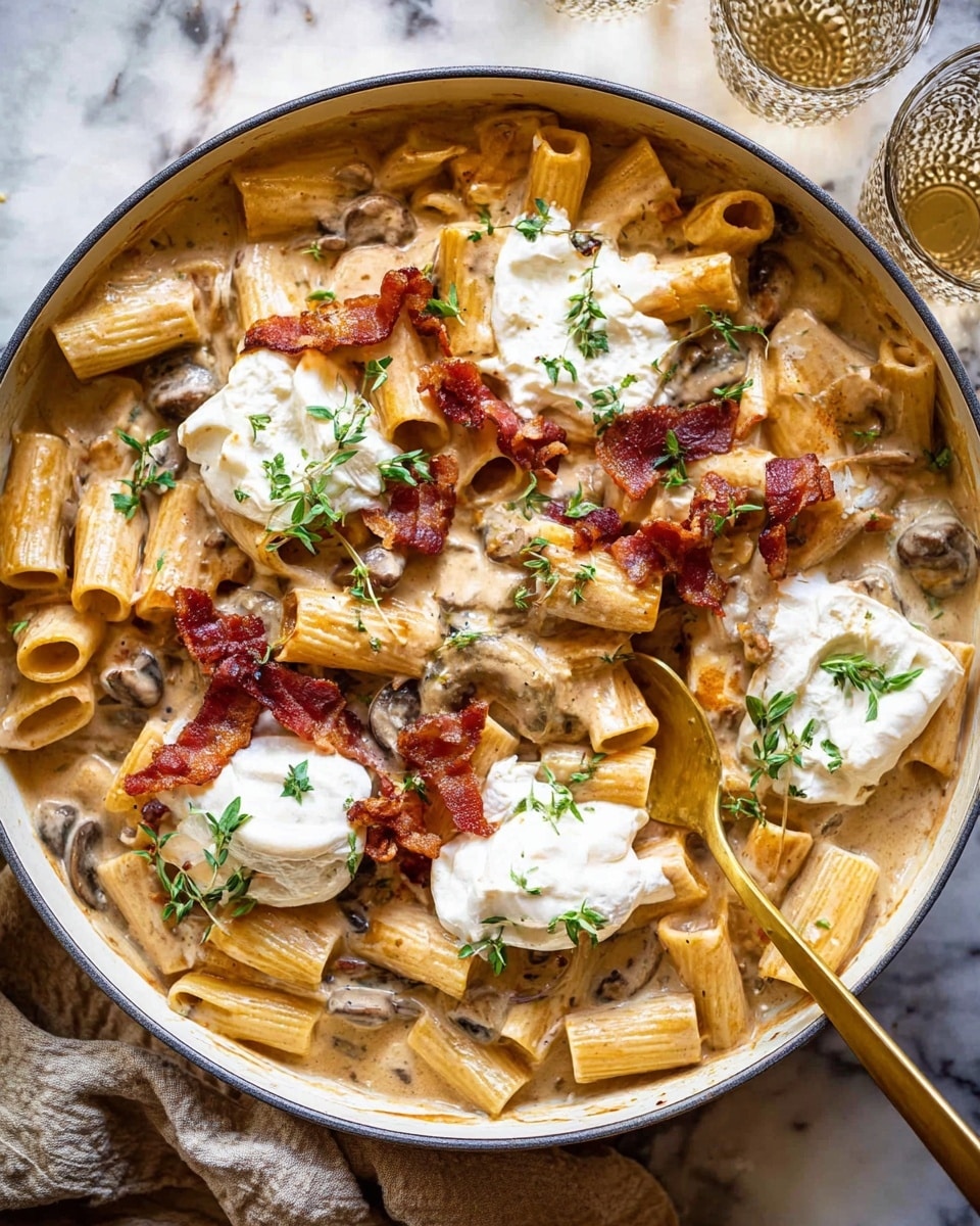 The image shows a white pan filled with rigatoni pasta in a creamy beige sauce with visible small pieces of mushrooms mixed in. On top, there are several dollops of soft, white cheese with a creamy texture, each topped with crispy reddish-brown bacon strips. Sprigs of fresh green herbs are sprinkled over the dish for color contrast. A gold spoon rests inside the pan, partially submerged in the pasta. The pan sits on a white marbled surface with a light beige cloth underneath and two clear textured glasses nearby. photo taken with an iphone --ar 4:5 --v 7