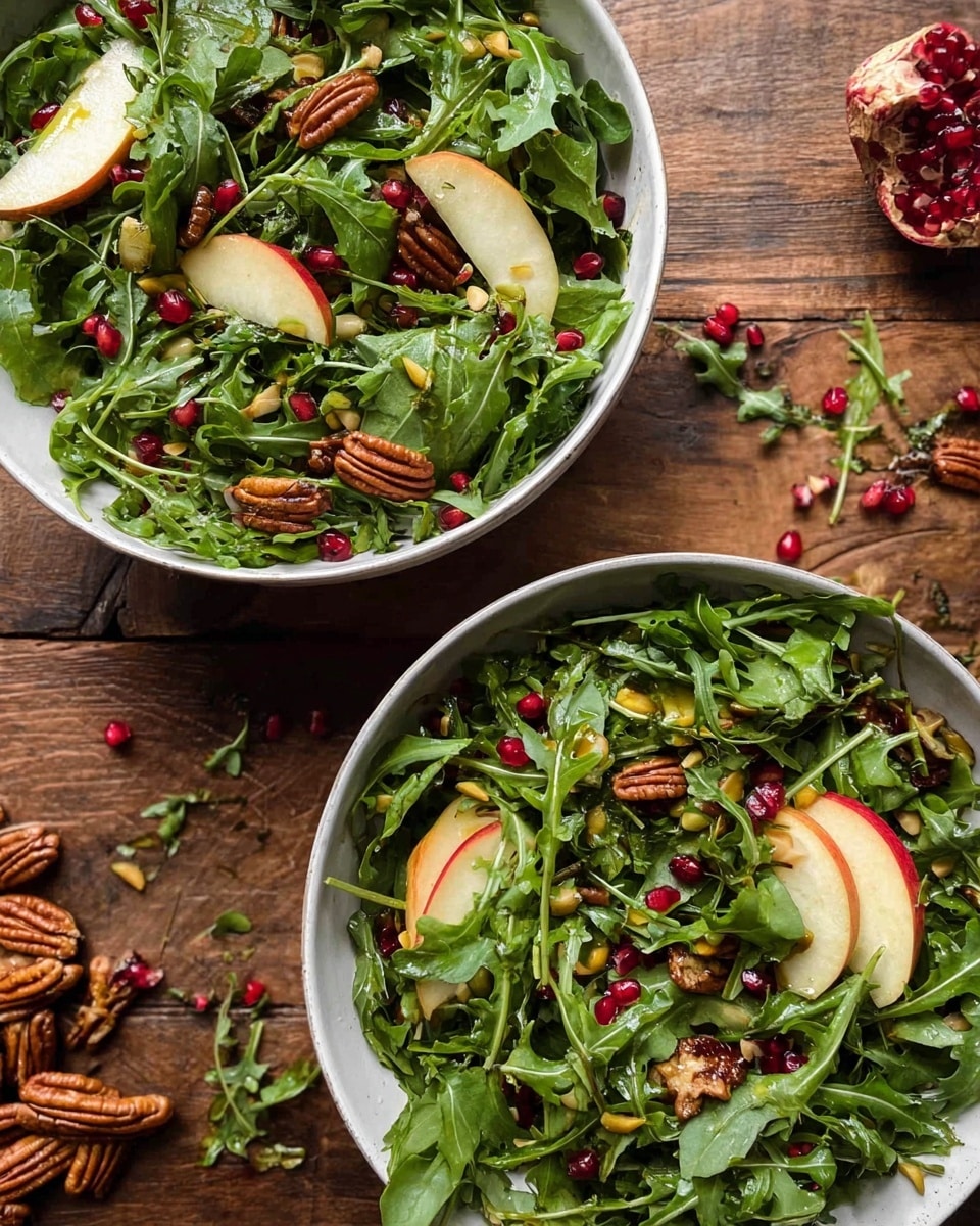 The image shows two white bowls filled with fresh green arugula leaves as the main layer, mixed with thin slices of red and yellow apple scattered throughout. On top, there are toasted pecans, bright red pomegranate seeds, and small yellow pumpkin seeds adding texture and color contrast. The bowls are placed on a brown wooden surface with some pecans and pomegranate seeds scattered around. The salad looks fresh and vibrant with a mix of leafy, crunchy, and juicy textures. photo taken with an iphone --ar 4:5 --v 7