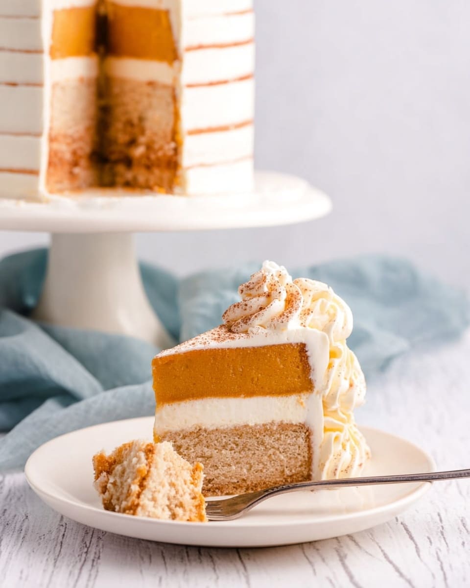 A slice of cake with five distinct layers is shown. The top layer is smooth and creamy white, dusted lightly with brown spice, followed by a thick bright orange layer in the middle. Below it is a thin, moist-looking light brown cake layer, then a lighter beige creamy layer, and at the bottom is a dense pale base. The slice is decorated with white swirls of whipped cream on top. The cake sits on a white plate with a white marbled background visible behind it, and a woman's hand holding a spatula is lifting the slice. Photo taken with an iphone --ar 4:5 --v 7