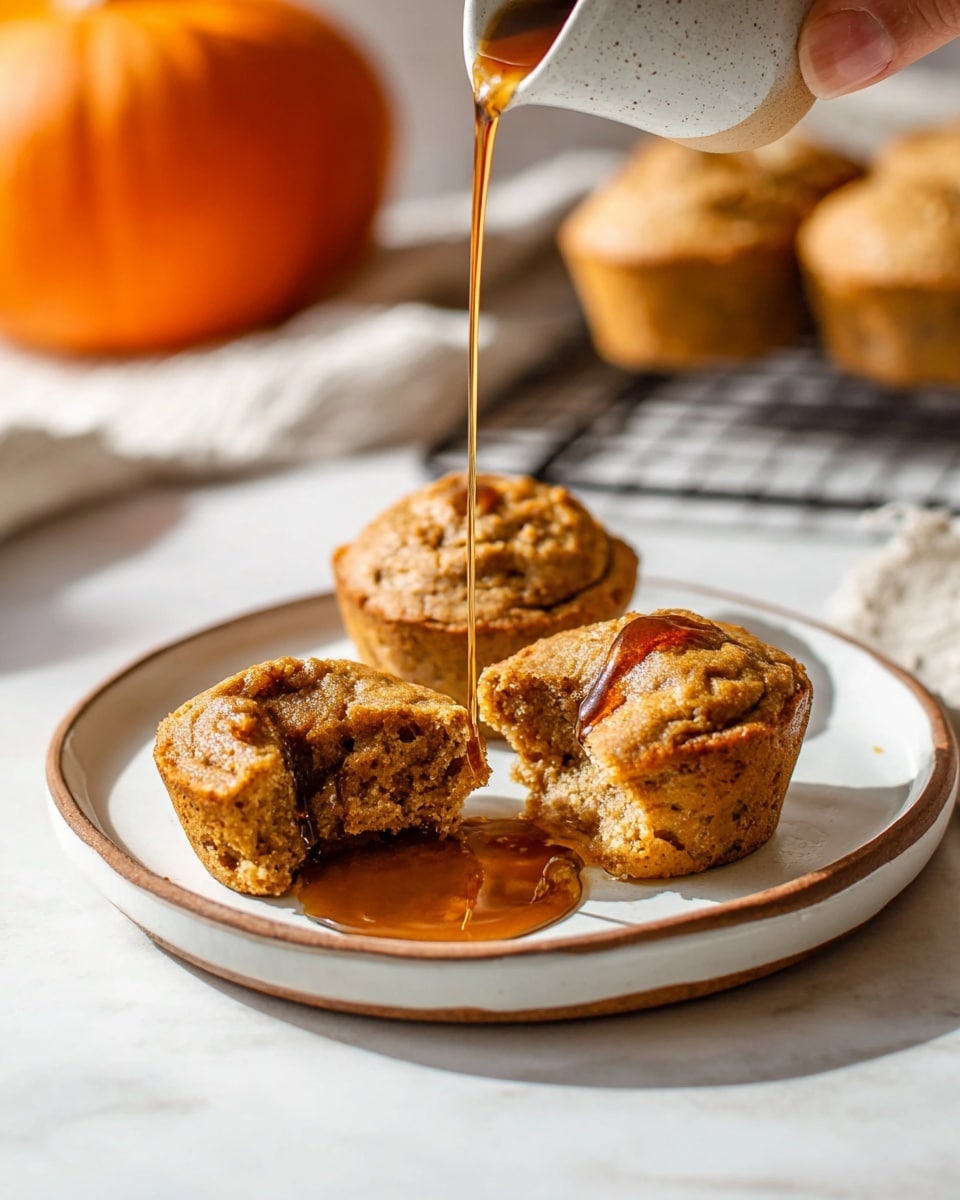 The image shows three small muffins on a white plate with a thin brown edge, placed on a white marbled surface. One muffin is in front and broken open, revealing a soft, wet inside with swirls of a darker syrup or sauce, giving it a textured and moist look. The syrup is pooling around the muffins, creating a shiny liquid layer on the plate. The other two muffins behind are whole, with a golden-brown top that looks smooth and slightly glossy from the syrup. In the background, more muffins and a blurred jar are visible. A towel with thin brown stripes is in the foreground. Photo taken with an iphone --ar 4:5 --v 7