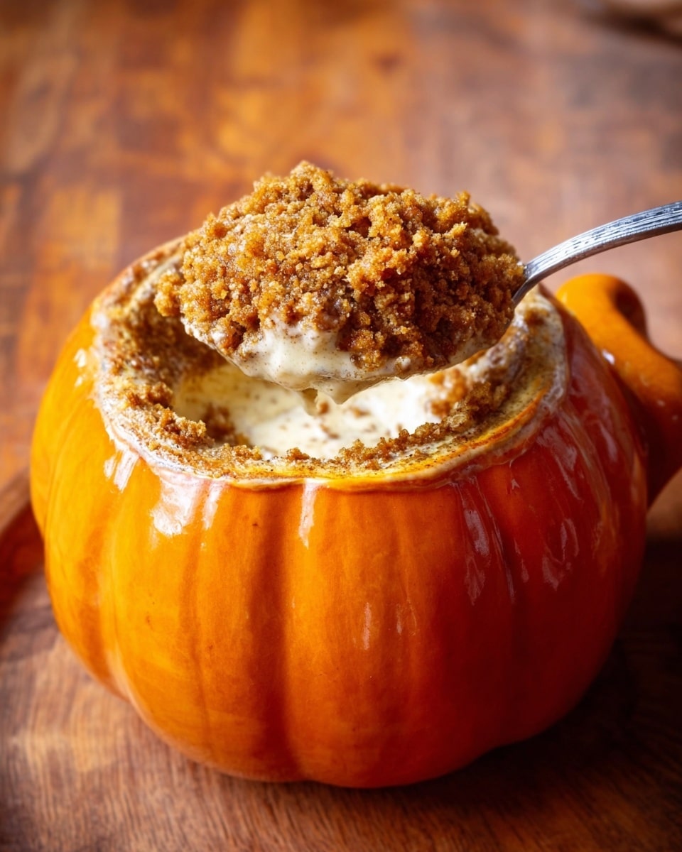 This image shows a close-up of a small brown ceramic pot filled with layered dessert. The bottom layer looks like a dark brown soft base, likely pumpkin or spiced filling, topped with a thick crumbly orange layer that resembles crushed graham crackers or streusel. Next to this crumbly layer is a dollop of white whipped cream sprinkled with a little cinnamon. A dark wooden spoon is scooping up some of the crumbly topping. The pot sits on a white plate with gentle ridges, placed on a white marbled surface. photo taken with an iphone --ar 4:5 --v 7