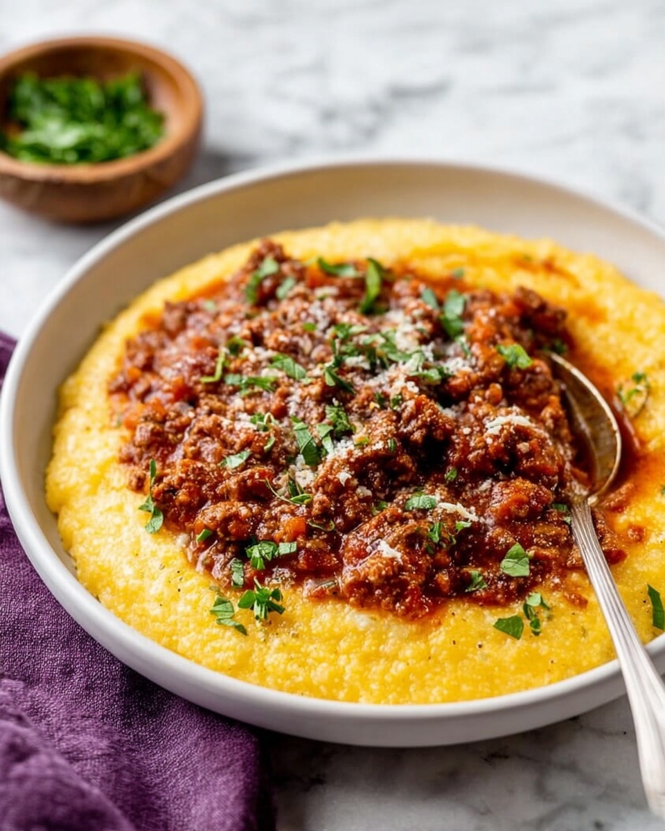 A shallow white bowl filled with two distinct layers: the bottom layer is creamy, bright yellow polenta with a soft, slightly grainy texture, evenly spread and covering the entire base of the bowl. On top, a thick layer of rich, deep red meat sauce with visible small chunks of beef, speckled with grated cheese and small green herb leaves scattered across for garnish. A silver spoon rests on the right side, partially dipped into the polenta layer. The background is a white marbled surface, with a small wooden bowl of chopped herbs blurred in the distance, and part of a purple cloth is seen at the bottom left corner. Photo taken with an iphone --ar 4:5 --v 7