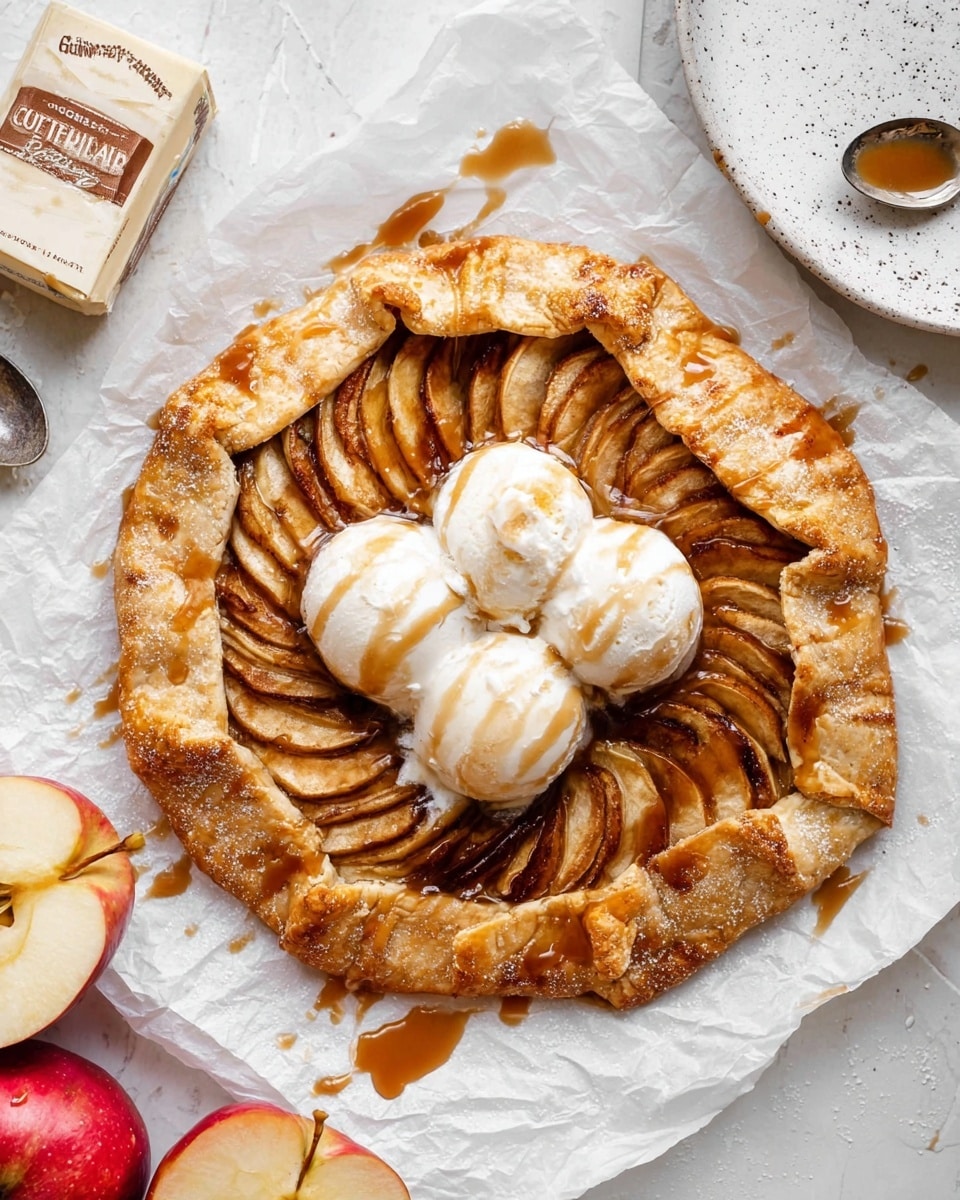 A round apple galette with a golden-brown crust folded over edges, showing layered, warm brown apple slices arranged in a circular pattern inside. On top of the apple slices are three white scoops of vanilla ice cream, each drip with light caramel sauce. The galette rests on white parchment paper on a white marbled surface, with some drizzled caramel around it. Nearby are halved red and yellow apples, cinnamon sticks, a white bowl of caramel sauce, a white speckled plate with two spoons, and two sticks of wrapped plant butter. Photo taken with an iphone --ar 4:5 --v 7