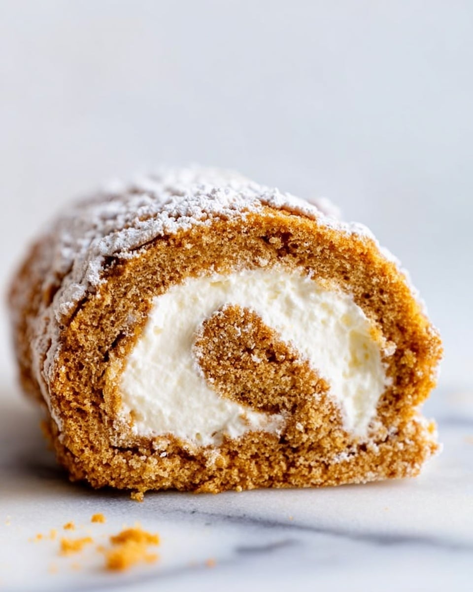The image shows several slices of a rolled cake with three layers. The outer layer is a light brown, soft, and spongy cake. Inside, a thick layer of white cream filling is visible, smooth and fluffy, evenly spread around the roll. The slices are arranged in a line on a white marbled surface, with some powdered sugar dusted on top of the cake's outer layer, adding a light dusting of white. Photo taken with an iphone --ar 4:5 --v 7
