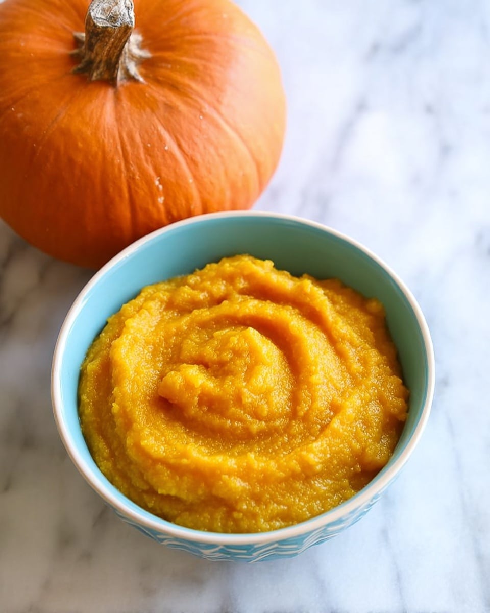 The image shows a close-up view of bright orange smooth puree served in a white bowl placed on a white marbled surface. The puree has a creamy texture with soft swirls on the top creating wave-like patterns. Around the bowl, there are a few scattered pumpkin seeds enhancing the color contrast. The right side of the bowl has a dark blue cloth partially visible, adding depth to the setting. The overall look is vibrant and fresh, focusing on the puree’s rich, glossy surface. photo taken with an iphone --ar 4:5 --v 7