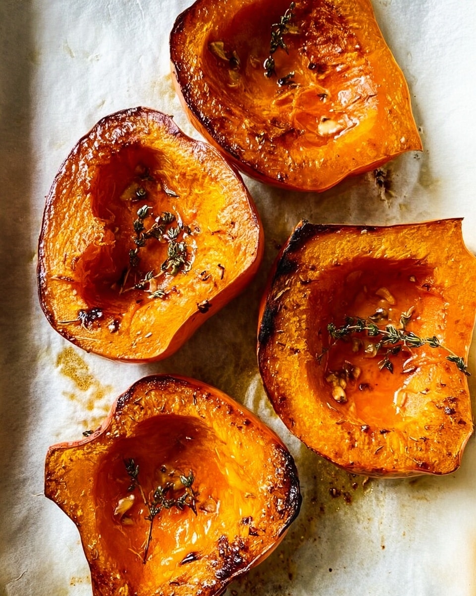 Four large roasted orange pumpkin pieces sit on a white marbled textured surface covered with a white parchment paper. Each pumpkin piece shows a soft, slightly wrinkled texture with golden-brown edges, and small bits of herbs scattered on top. The flesh of the pumpkin is deep orange and slightly caramelized in some areas, with a few shiny spots of oil. Tiny sprigs of herbs, possibly thyme, lay across the tops of the pumpkin, adding a bit of green contrast. The parchment paper underneath has slight grease marks and burnt spots near some edges, showing they have been cooked well. photo taken with an iphone --ar 4:5 --v 7