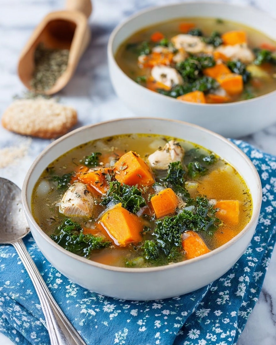Two white bowls filled with a clear broth soup containing bright orange cubes of sweet potato, green leafy kale, light beige chunks of chicken, and small diced carrots. One bowl has a silver spoon resting inside it. Next to the bowls, there is a torn piece of bread with a light brown crust placed on a blue cloth with white floral patterns. On the white marbled surface beside the bowls, there is a large green bottle of Pompeian extra virgin olive oil, a wooden scoop with dried herbs, and two small clear glass salt and pepper shakers. The overall setting is bright and clean. photo taken with an iphone --ar 4:5 --v 7
