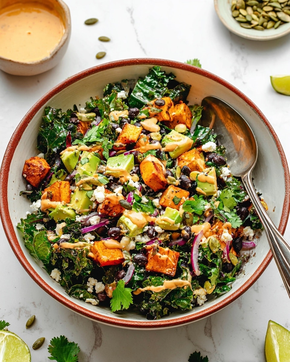 A white bowl filled with a fresh kale salad that has three main layers: the first layer is dark green, leafy kale covering the entire bowl; on top of the kale are bright orange chunks of roasted sweet potato scattered evenly; the third layer consists of light beige chickpeas and small white crumbles of cheese spread across the salad. There are also dark purple bits mixed in with the kale and toppings. The bowl is sitting on a white marbled surface. photo taken with an iphone --ar 4:5 --v 7