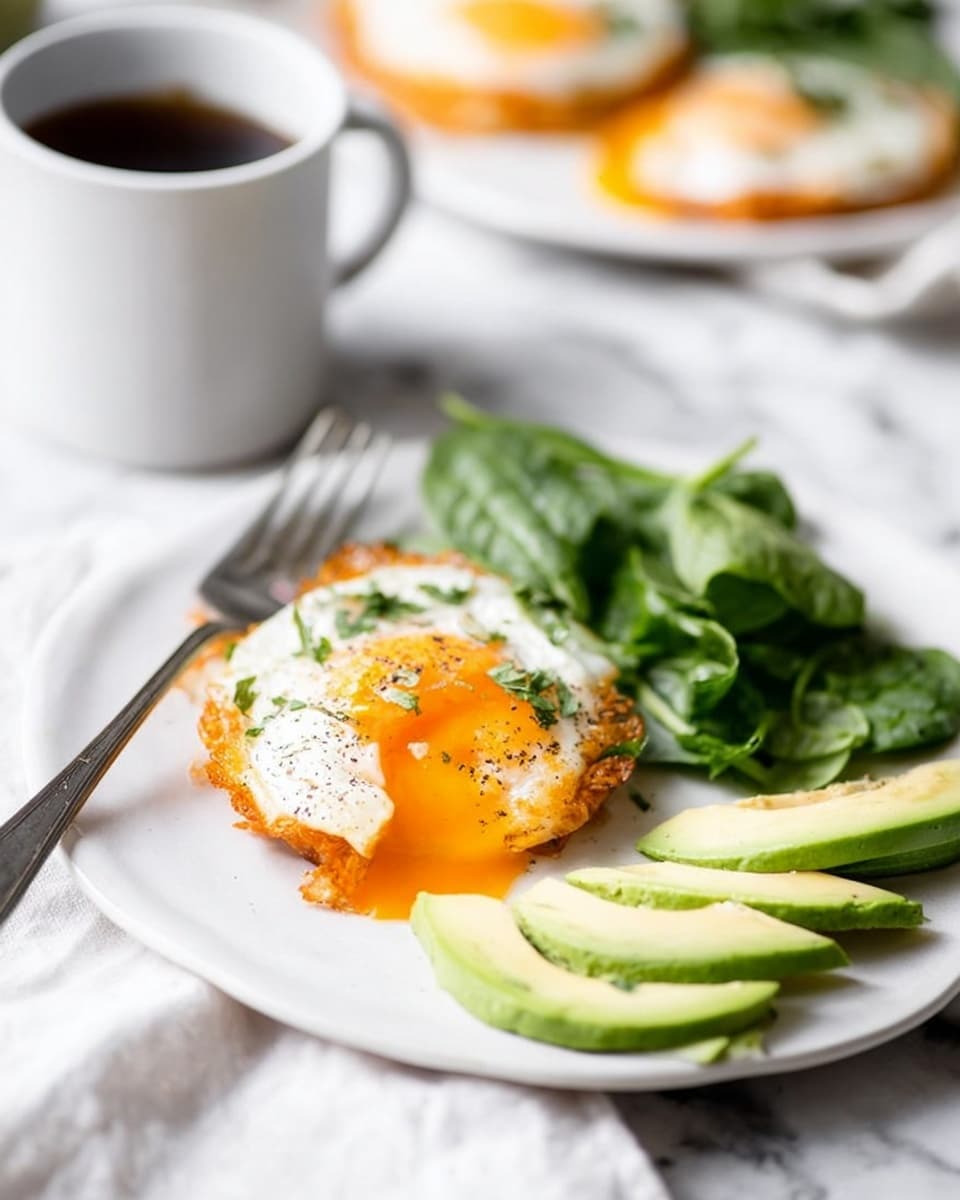 A white plate holds a crispy fried egg with a bright orange soft yolk that slightly spills out, sprinkled with green herbs and black pepper on top. Next to the egg, there is a fresh green spinach pile and several creamy, light green avocado slices arranged neatly. A silver fork lies on the left side of the plate. In the background, a white cup filled with a dark drink and another white plate with more fried eggs are visible. The whole scene is on a white marbled surface with soft natural light. Photo taken with an iphone --ar 4:5 --v 7