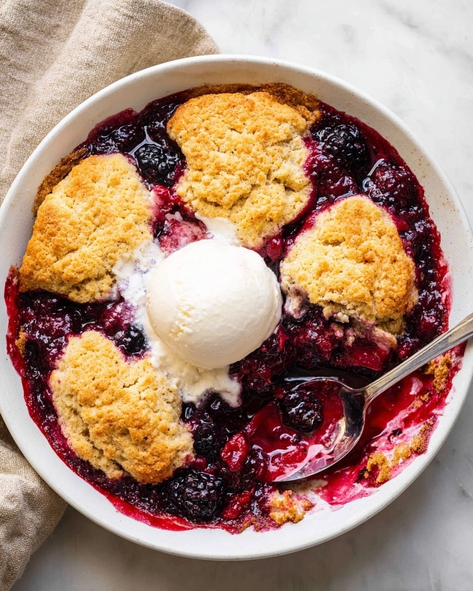A round white plate holds a blackberry cobbler with a golden brown, uneven biscuit topping that covers most of the deep red blackberry filling visible along the edges and through gaps. A scoop of creamy white ice cream rests on the right side of the cobbler, slightly melting. Some cobbler pieces and juicy blackberries are scooped out near the bottom, where a silver spoon is partially dipped into the filling. The plate is on a white marbled surface with a light beige cloth and a few blackberries nearby. Photo taken with an iphone --ar 4:5 --v 7