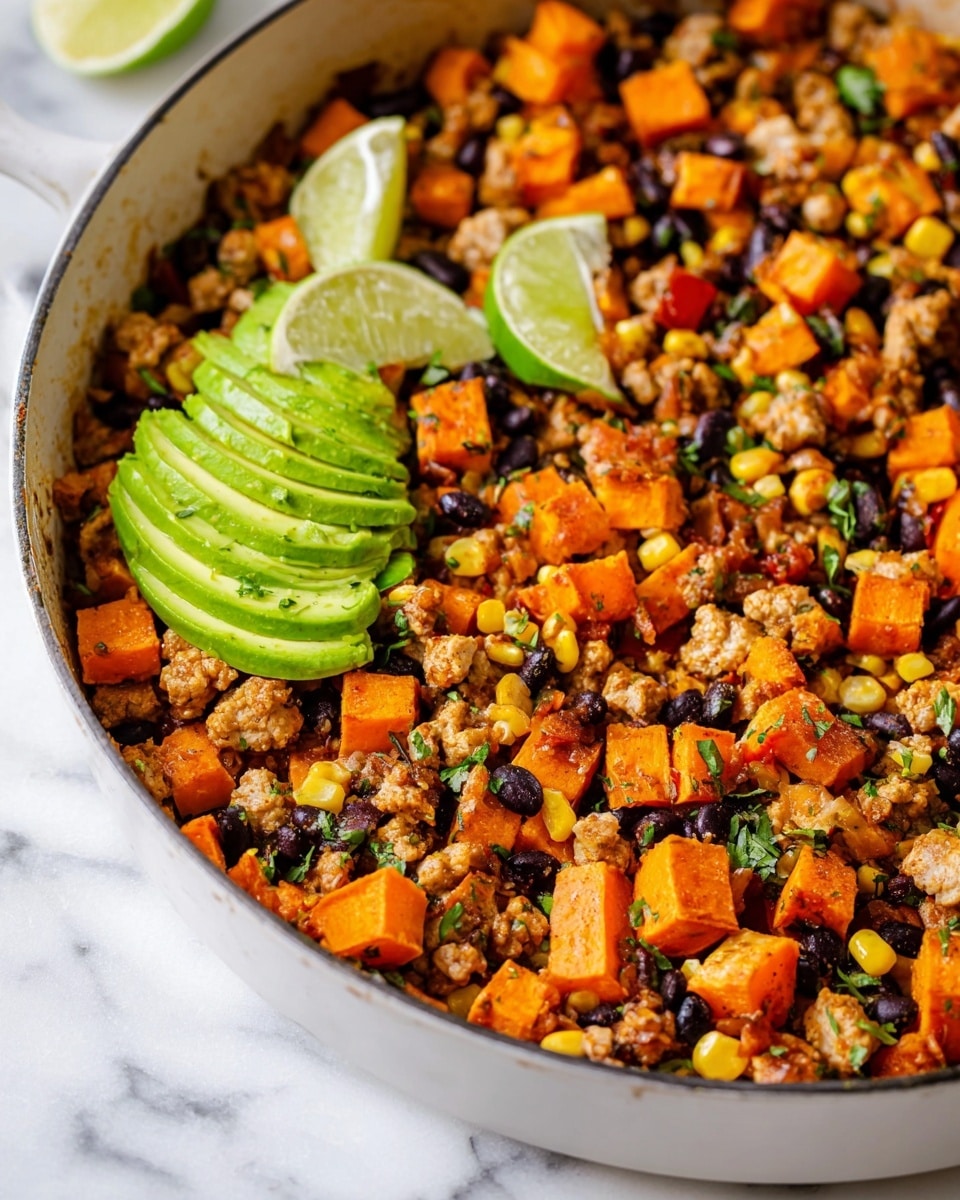 A close-up view of a white pan filled with a colorful mix of cooked ingredients in one layer, including orange cubed sweet potatoes, small beige chunks of cooked meat, black beans, yellow corn kernels, and bits of green herbs scattered throughout. On the right side of the pan, there are a few thin green slices of avocado placed over the mix. On the top left side, two bright green lime wedges rest on the mixture, adding a fresh touch. The white marbled surface is slightly visible around the pan. photo taken with an iphone --ar 4:5 --v 7