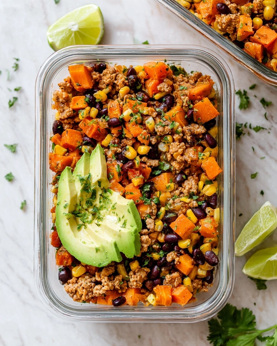 The image shows a clear rectangular glass container filled with a colorful mix of ingredients. The base layer consists of small chunks of cooked orange sweet potato and plenty of black beans mixed with scattered yellow corn kernels. On top of this, there are pieces of cooked ground meat with a light brown color, mixed with small green pieces of bell pepper. A few sprigs of chopped fresh green cilantro are sprinkled over the dish. On the top right corner, a light green lime wedge rests on the food, while two thin slices of avocado are placed in the bottom left area. A silver fork is partially dipped into the container on the right side. The container sits on a white marbled surface, with some fresh cilantro leaves scattered nearby, and a round white plate holding lime wedges visible in the background. Photo taken with an iphone --ar 4:5 --v 7