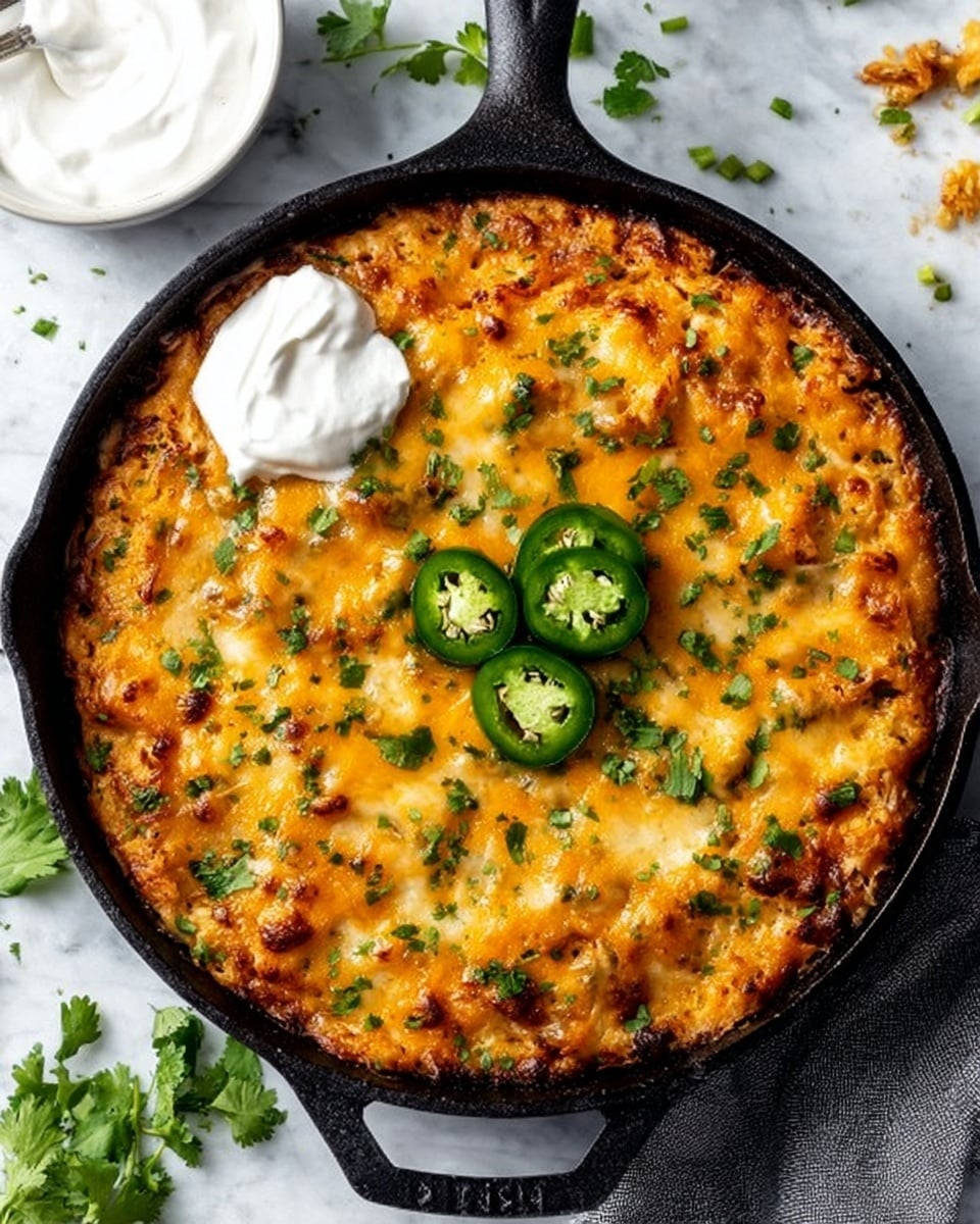 A black cast iron pan filled with a baked cheesy rice dish that has three main layers: the bottom layer is a bed of soft rice mixed with shredded meat, the middle layer has a thick layer of melted orange-yellow cheese spread evenly, and the top layer shows more melted cheese with Jalapeño slices placed on one side and green herbs sprinkled all over. A dollop of white sour cream sits near the center on top of the cheese. A silver spoon is scooping a portion from the right side, slightly disturbing the cheese layer. The pan is placed on a white marbled surface with some scattered cilantro leaves around it and a small white bowl of sour cream nearby. Photo taken with an iphone --ar 4:5 --v 7