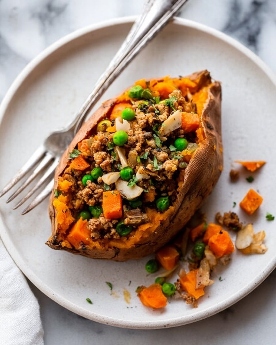 A baked sweet potato with its skin a warm orange-brown, split open and filled with a chunky topping made of light brown crumbled pieces, small bright green peas, and thin slices of yellow bell pepper. The stuffing sits generously inside the potato, with some bits spilling onto the white plate. A silver fork rests to the right on the plate, and the whole setup is on a white marbled surface. The photo taken with an iphone --ar 4:5 --v 7