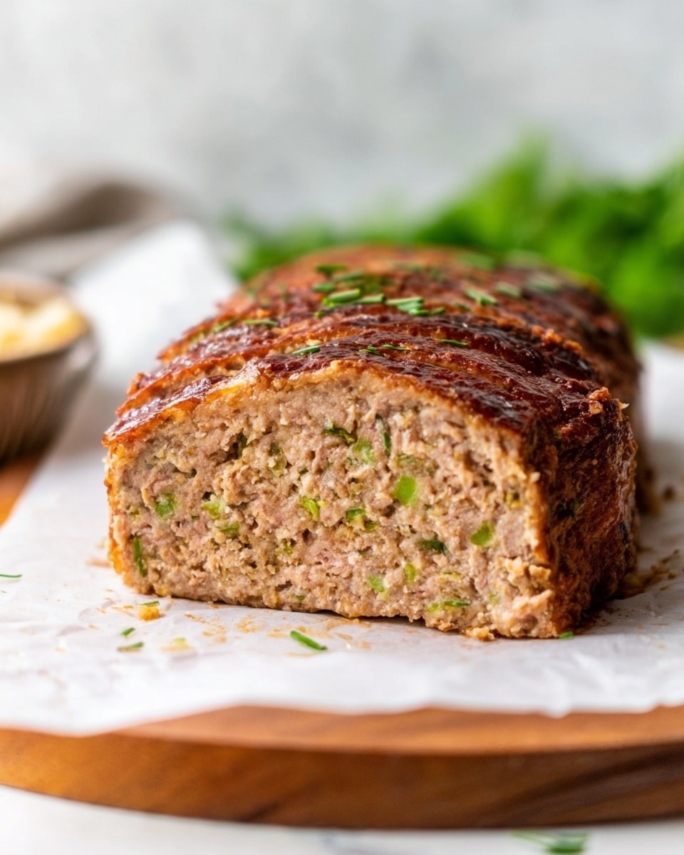 The image shows a close-up of a sliced meatloaf with a slightly browned, textured top layer. The inside has a light brown color with small green specks evenly spread throughout. The meatloaf sits on a white piece of parchment paper, which is placed on a wooden board. In the blurry background, there is a soft focus of green leafy vegetables and a white marbled texture surface. The lighting is bright and natural, giving the meatloaf a fresh and appetizing look. Photo taken with an iphone --ar 4:5 --v 7