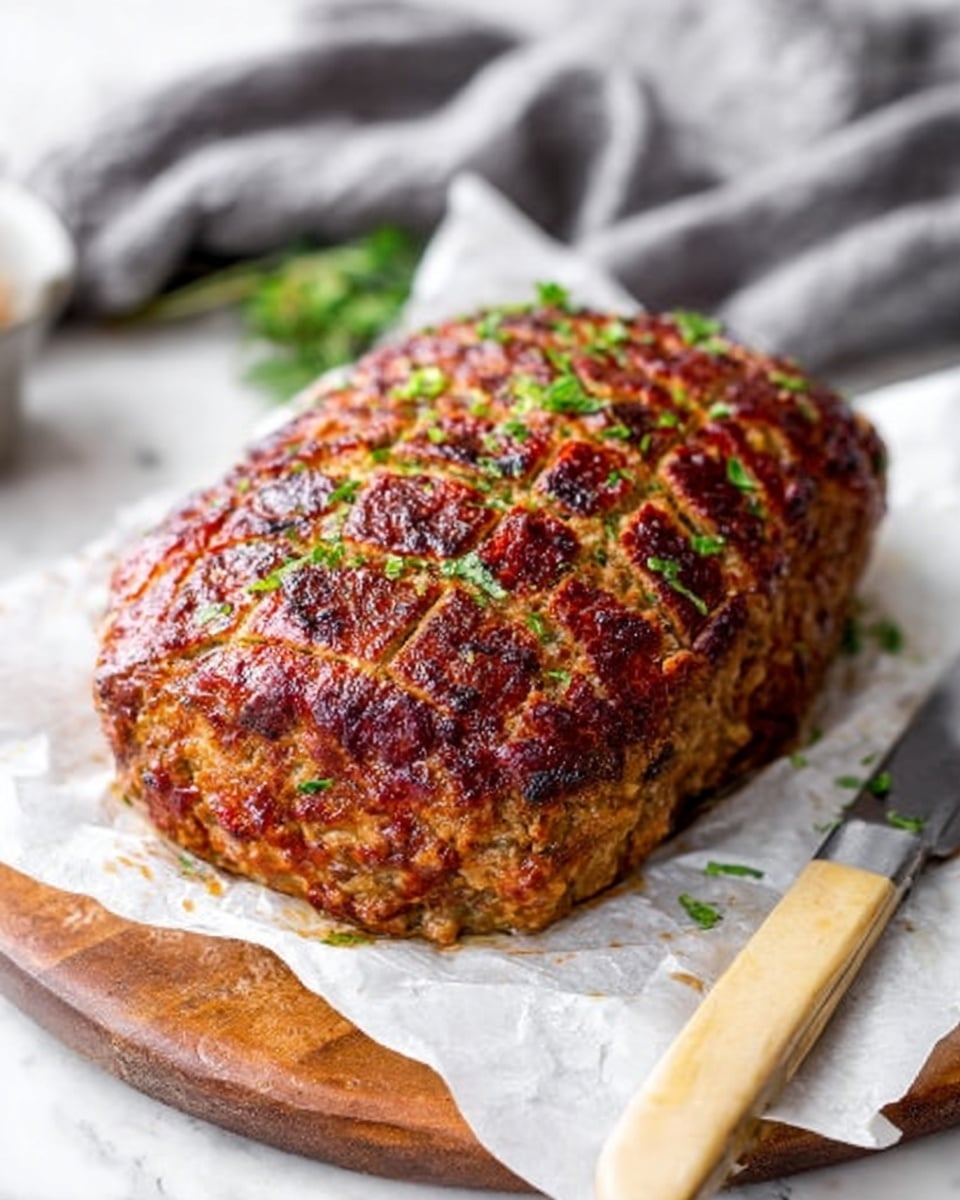 A close-up of a sliced meatloaf with one slice lying flat in front, showing a soft, moist texture with green bits of zucchini and small herbs inside, topped with a shiny, reddish-brown glaze sprinkled with fresh parsley. The meatloaf rests on parchment paper on a white marbled surface with part of a white round plate edge visible at the bottom right corner. photo taken with an iphone --ar 4:5 --v 7