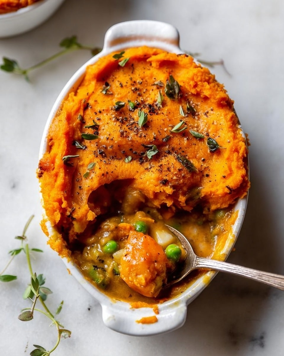 The image shows small white ramekins filled with a layered dish placed on a white marbled surface. The bottom layer is a brownish base, likely a cooked mixture of vegetables or meat, topped with a bright orange mashed layer with a smooth texture and some small herbs sprinkled on top. The orange layer has a slight roughness and covers the brown base completely. One ramekin is in clear focus at the front, while others are blurred in the background. A silver spoon lies on the left side, and a textured pink cloth is on the lower right corner. The scene has soft natural lighting and a cozy feel. Photo taken with an iphone --ar 4:5 --v 7