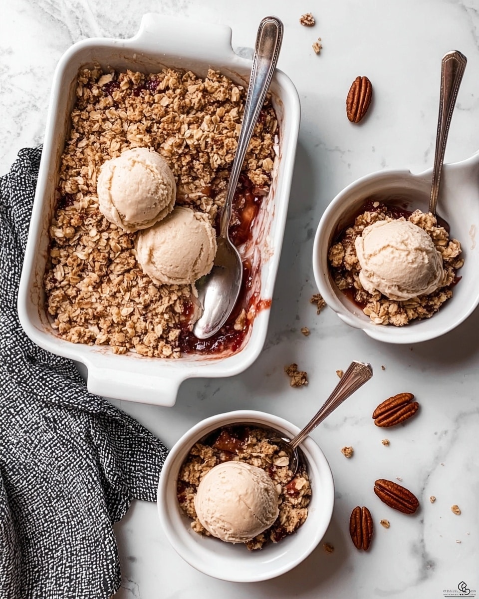 The image shows a white baking dish with three scoops of light brown ice cream placed on top of a crumbly oat topping mixed with a dark reddish-brown fruit filling underneath; two metal spoons rest inside the dish. Near the dish, two small white bowls contain the same dessert, each with a scoop of ice cream on the oat and fruit mix, with a metal spoon in each bowl. The setup is on a white marbled surface, scattered with a few pecan halves, and a black and white cloth is partially visible at the side. photo taken with an iphone --ar 4:5 --v 7