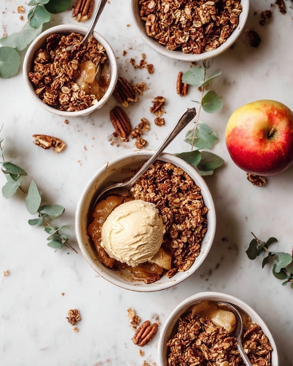 The image shows white bowls filled with a dessert that has three clear layers: the bottom layer is soft and caramel-colored, likely cooked fruit, the middle layer is covered by a thick, crunchy granola with oats and nuts in dark brown and tan shades, and the top layer has a scoop of creamy light brown ice cream on one of the bowls. A silver spoon is placed inside each bowl. The bowls sit on a white marbled surface scattered with pecans, a red-yellow apple, and some green eucalyptus leaves. Photo taken with an iphone --ar 4:5 --v 7