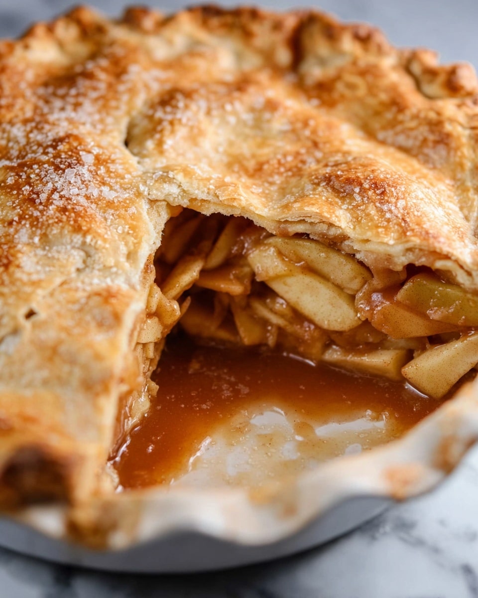 A white plate with speckled brown dots holds a single slice of apple pie with a golden, flaky top crust showing a crimped edge, layered over a visible filling of tender, light brown apple slices mixed with a syrupy sauce, topped with a smooth, round scoop of creamy vanilla ice cream that has small vanilla bean specks; nearby, a whole apple pie with a similarly golden crust sits on a white fluted pie dish, with a red apple and a quarter of a green apple placed on a white marbled surface in the background. photo taken with an iphone --ar 4:5 --v 7