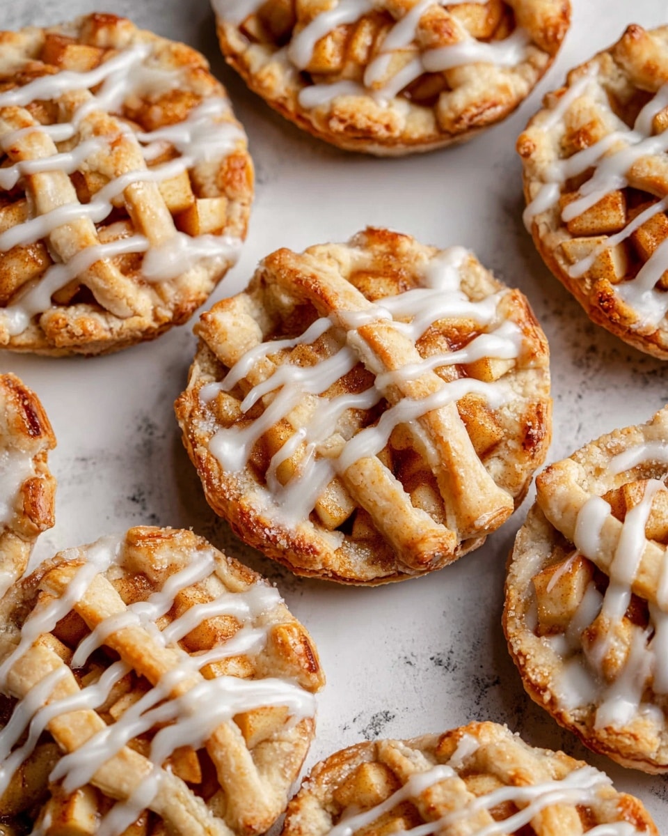 The image shows several small round apple pies arranged closely on a white marbled surface. Each pie has a golden brown crust with a lattice pattern made of thick dough strips crossing over the top. Inside the lattice, small cubes of cooked apple filling are visible, adding a soft orange-brown color. The pies are drizzled with white icing in thin lines that stretch across the tops evenly. The crust looks slightly textured and baked to a light golden color, with crimped edges sealing the pies. photo taken with an iphone --ar 4:5 --v 7
