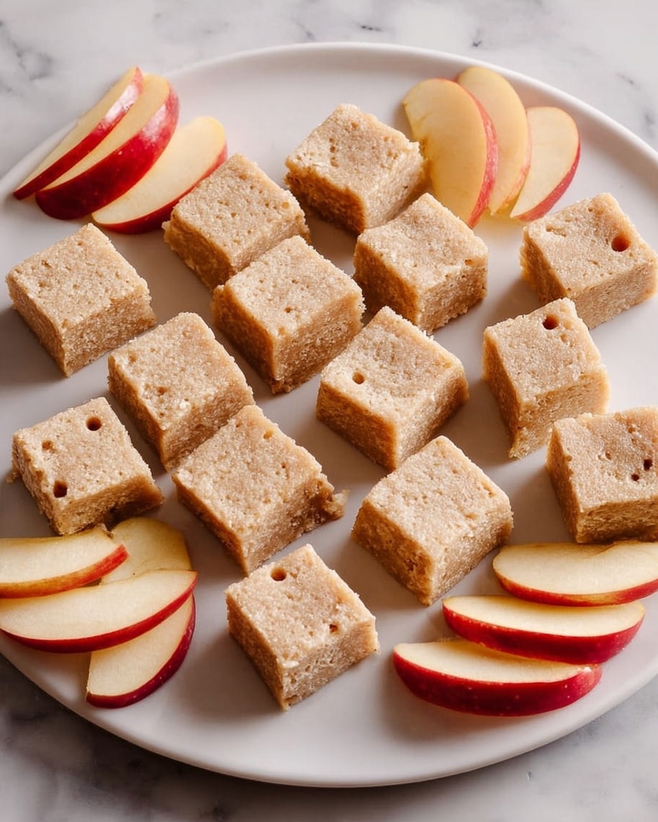 A white round plate with about 18 small square crackers arranged loosely across it, each cracker light tan in color with small holes poked in a pattern, and two small groups of thin apple slices with red skin placed on opposite sides of the plate, all set on a white marbled surface with a green and a red apple partly visible in the top right corner photo taken with an iphone --ar 4:5 --v 7