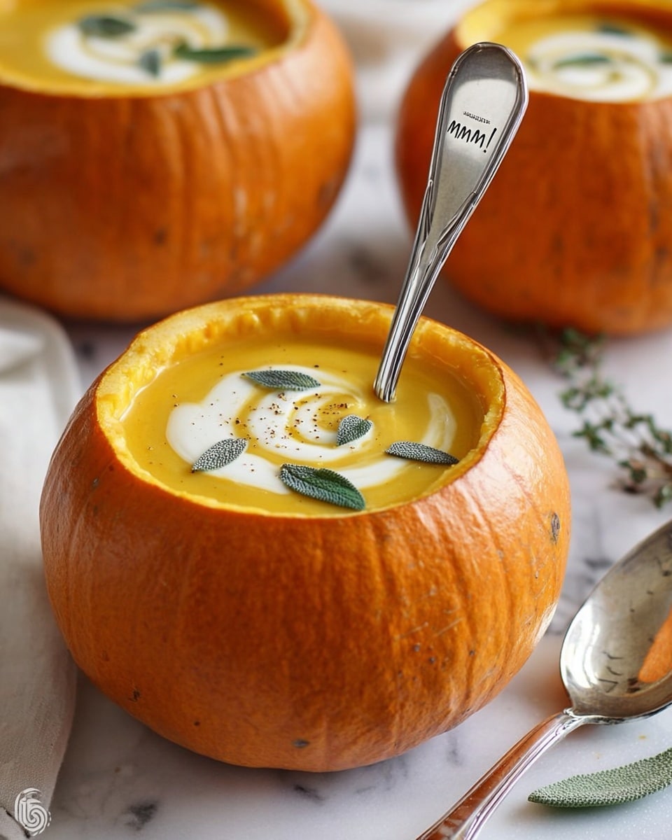 The image shows a round orange pumpkin hollowed out and filled with smooth yellow soup. On top of the soup is a swirl of white cream and a few small green sage leaves scattered. A shiny silver spoon with the word