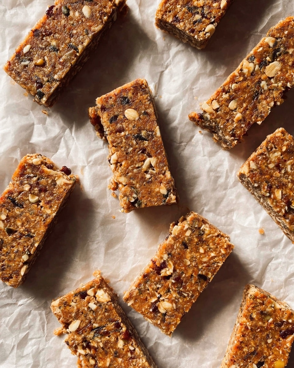 The image shows several rectangular energy bars arranged loosely on a sheet of crinkled white paper. Each bar has a dense texture with visible small bits of nuts, seeds, and dried fruit pieces embedded in a brown base, giving a rough and slightly uneven surface. The bars have a uniform size, with straight edges and a slightly matte finish. The overall layout is casual, with bars placed at different angles on the paper backdrop. photo taken with an iphone --ar 4:5 --v 7