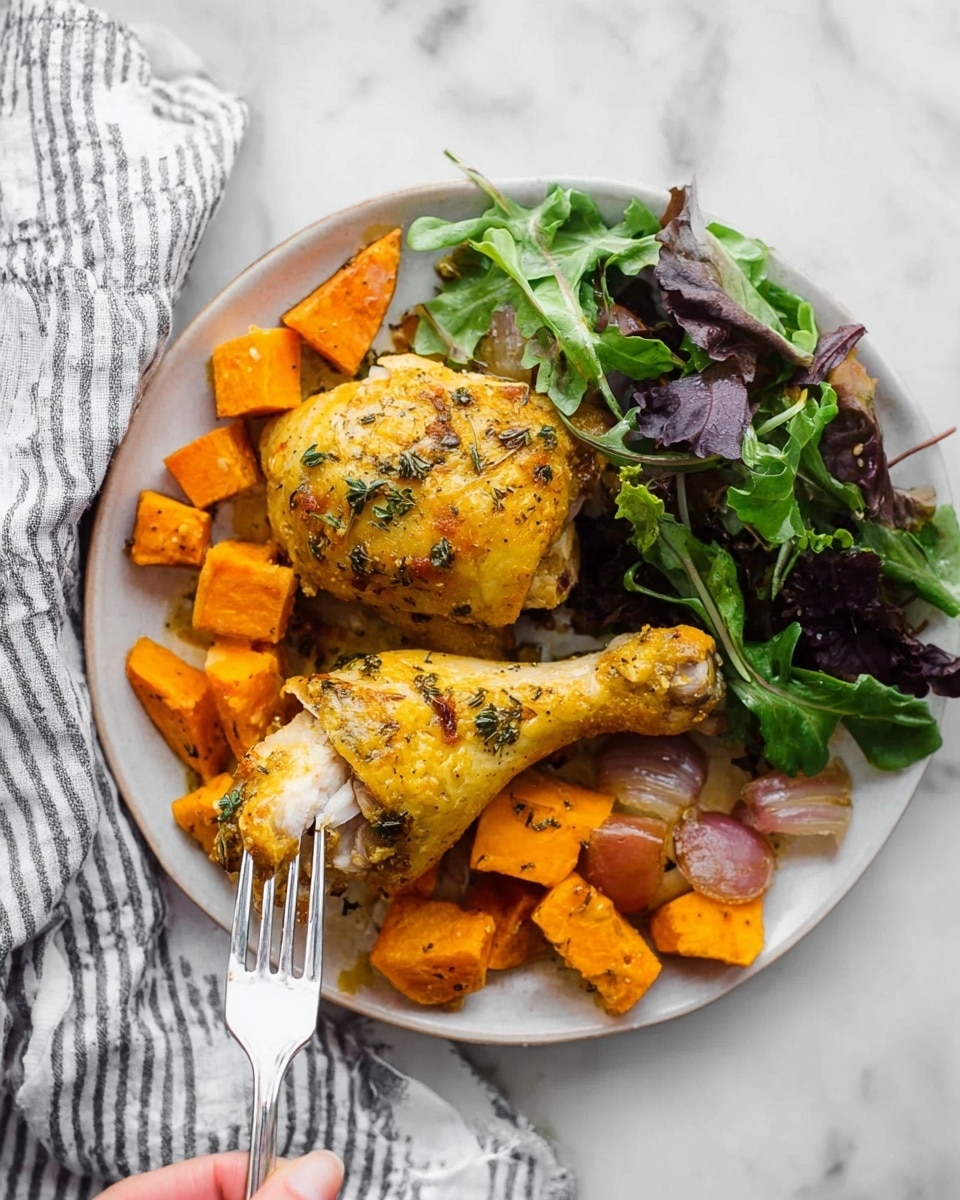 The image shows a white round plate with three main layers. The top layer has two yellow-golden baked chicken drumsticks with herbs sprinkled on them. Beside the chicken, bright orange chunks of roasted sweet potatoes and small light brown roasted onions are scattered. On the right side of the plate, there is a fresh, dark green leafy salad. A woman's hand holds a silver fork with a piece of chicken near the bottom left of the plate. The plate sits on a white marbled surface with a striped napkin nearby. photo taken with an iphone --ar 4:5 --v 7