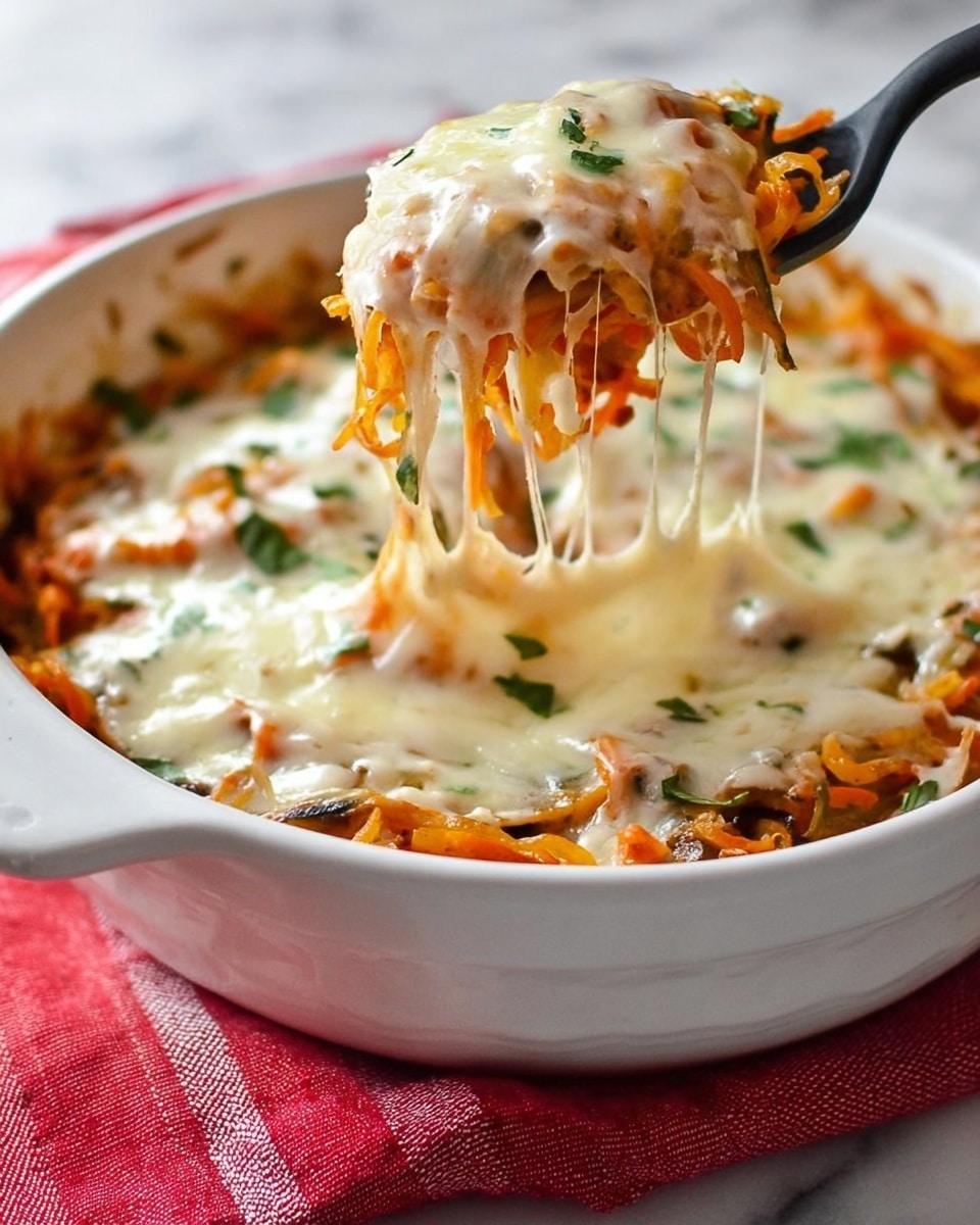 This image shows a white oval baking dish filled with spiral-shaped carrot and yellow vegetable noodles forming the base layer. On top, there are creamy melting white cheese slices spread evenly, slightly browned at the edges. Small green herb pieces are scattered on the cheese layer, adding a fresh contrast. The dish is placed on a white cloth with red stripes, resting on a white marbled surface. Photo taken with an iphone --ar 4:5 --v 7