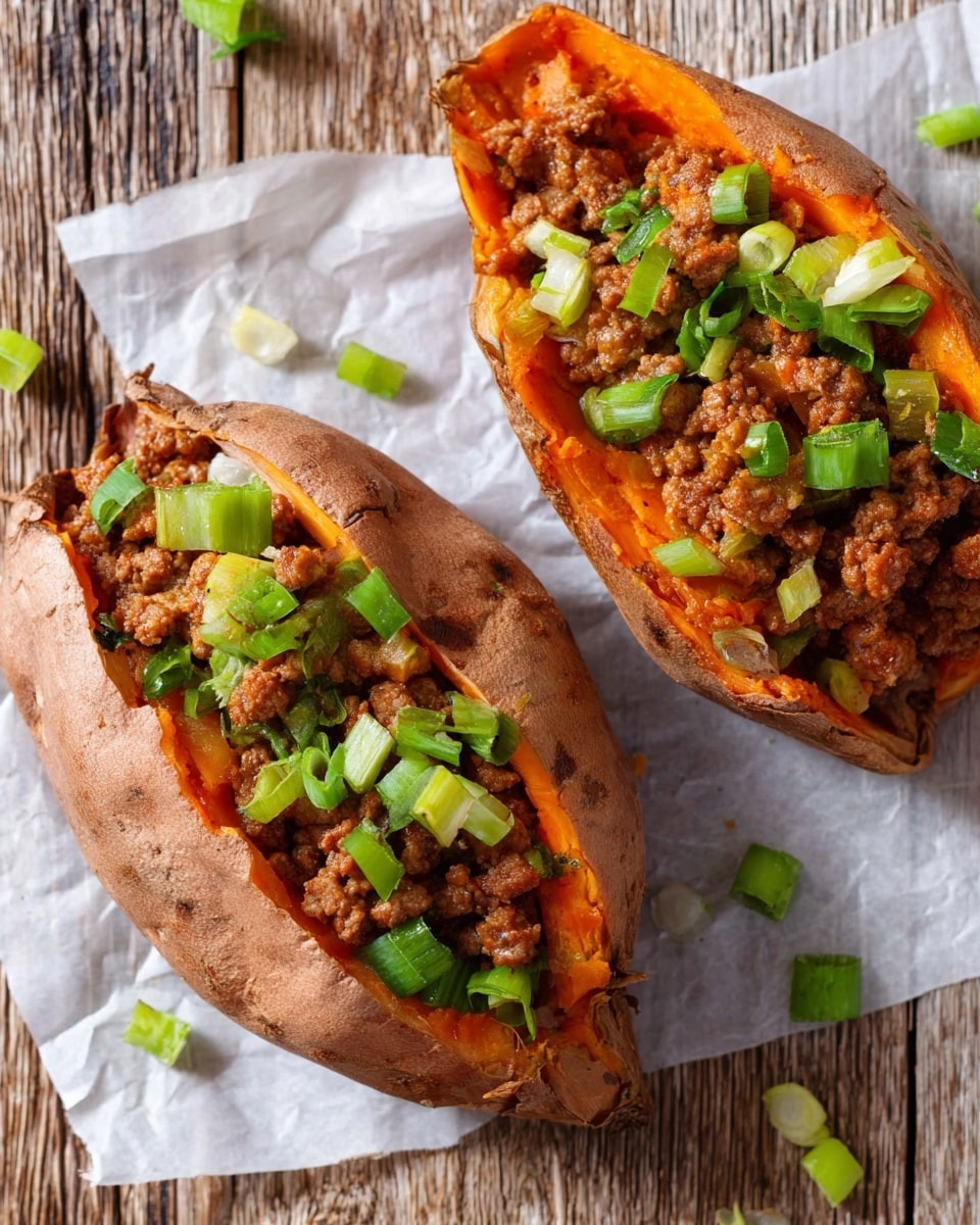 Two baked sweet potatoes, split open to show their soft orange inside, each topped with a layer of cooked ground meat that is brown and crumbly, followed by chopped green onions scattered on top. The potatoes rest on white parchment paper over a rustic wooden surface, with a few extra pieces of green onion around them. The skin of the sweet potatoes is brown and slightly wrinkled, showing a well-cooked texture. photo taken with an iphone --ar 4:5 --v 7