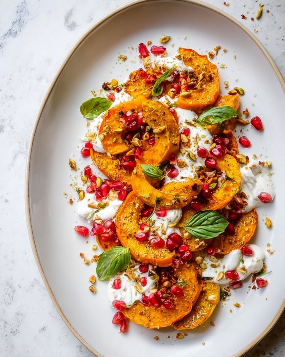 The dish is served on a long, white oval plate set on a white marbled surface. The base layer consists of bright orange roasted squash slices arranged unevenly across the plate. Over the squash is a thick coating of white creamy sauce dotted throughout. Scattered on top are fresh green basil leaves and small, shiny red pomegranate seeds. Crushed nuts, appearing light brown and slightly green, sprinkle all over the dish and around the plate edges. A large silver spoon is partially visible, resting on the left side of the plate. Photo taken with an iphone --ar 4:5 --v 7