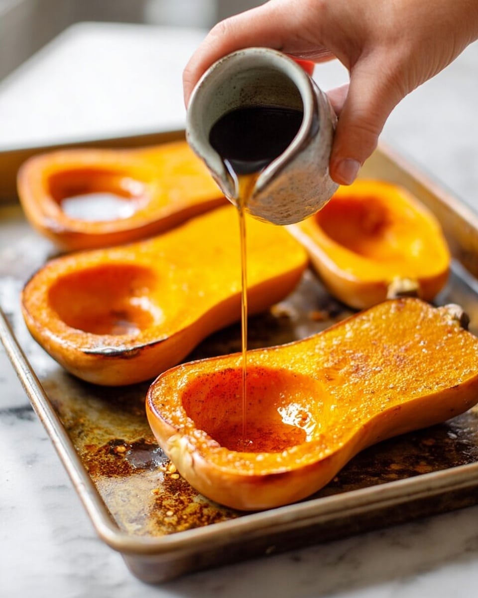 Two orange halves of roasted butternut squash lie side by side on a white plate, their smooth, slightly caramelized surfaces facing up. Each half has a hollow center filled with pieces of light brown walnuts, some coated with a shiny glaze. Small droplets of amber syrup are drizzled around the squash on the plate. Around the plate are scattered extra walnut pieces on a white marbled surface, with a creamy beige cloth softly folded in the top left corner, and a small white jug with dark syrup sitting near the upper right edge of the frame. Photo taken with an iphone --ar 4:5 --v 7