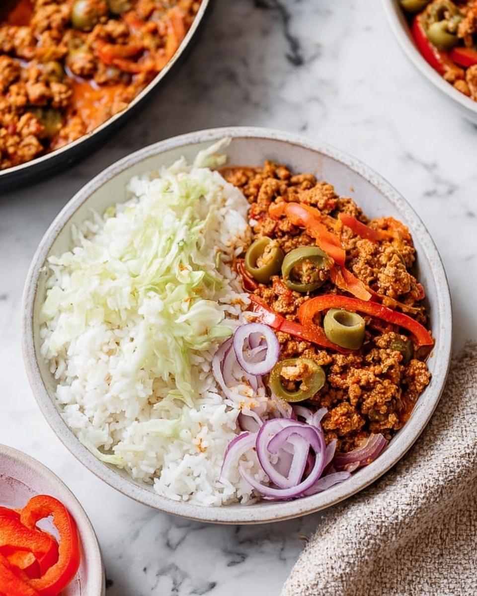 A white frying pan filled with cooked ground meat mixed with diced red peppers and green olives. The texture of the meat is crumbly and juicy with a mix of orange and brown colors. A wooden spoon is placed inside the pan resting on the food, slightly stirring it. To the top left of the pan, there is a small white bowl with sliced red bell peppers, shredded white cabbage, and red onion rings. At the bottom right, a white bowl filled with fluffy white rice is visible. The background shows a white marbled surface and a light beige cloth is draped to the left of the pan. Photo taken with an iphone --ar 4:5 --v 7