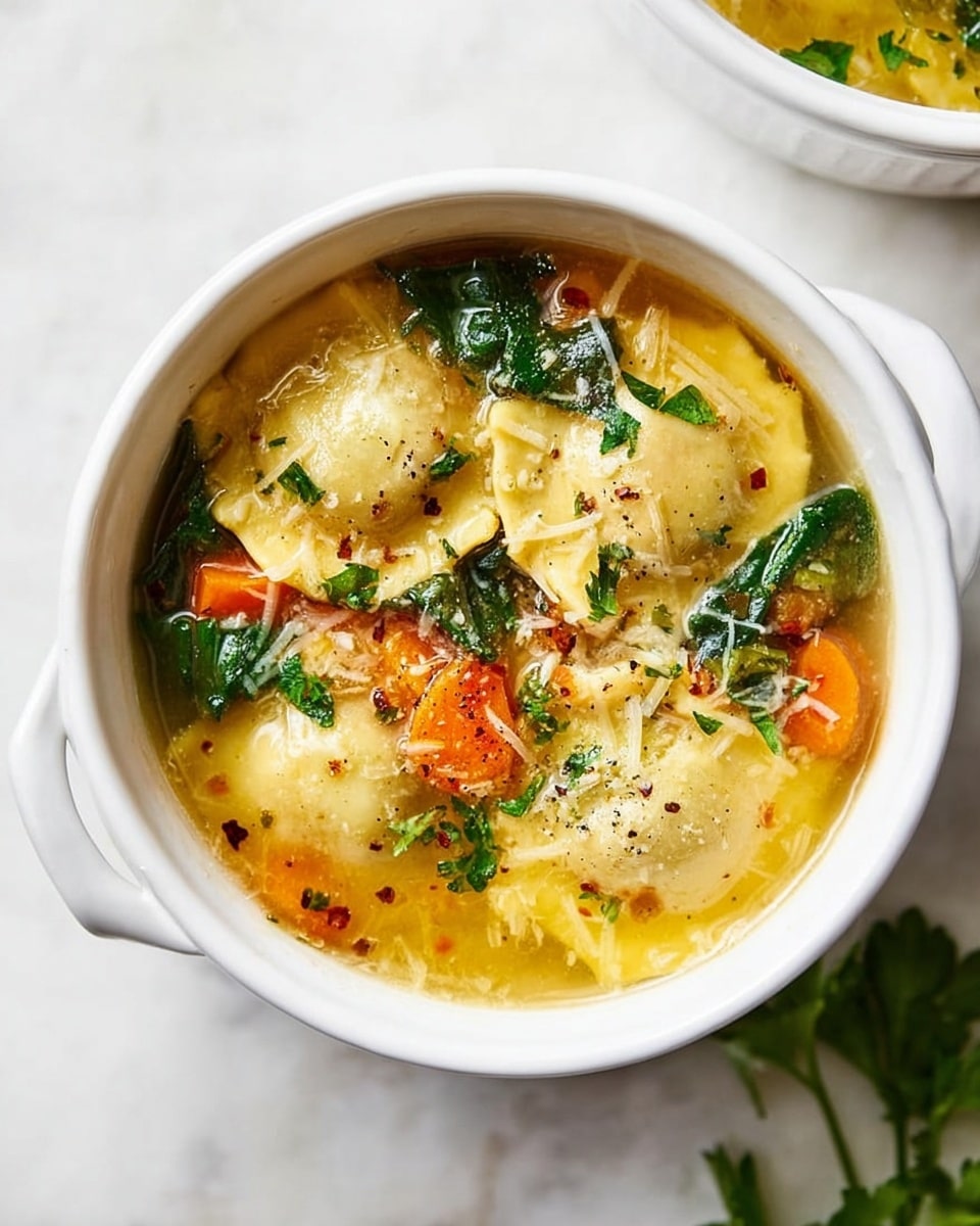 A white oval ceramic bowl filled with clear, golden broth soup with three large tortellini pieces floating near the surface, surrounded by orange carrot slices, small chunks of light-colored meat, and bright green spinach leaves, all sprinkled with freshly ground black pepper and green herbs. The bowl is set on a white marbled surface with some fresh green parsley leaves nearby. Photo taken with an iphone --ar 4:5 --v 7