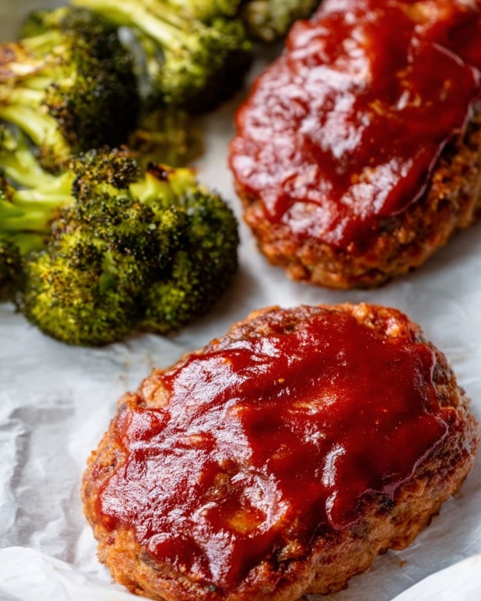 The image shows two oval-shaped meatloaf pieces with a shiny, thick red sauce layer on top, placed on a white marbled surface covered by parchment paper. The meatloaf has a slightly textured, browned outer layer beneath the sauce, which looks glossy and smooth. Above the meatloaf pieces, there are broccoli florets with uneven green and light yellow coloring, showing some roasted, slightly crispy edges. The broccoli is placed behind the meatloaves, adding a rough, bumpy texture contrast with the smooth sauce on the meatloaf. Photo taken with an iphone --ar 4:5 --v 7