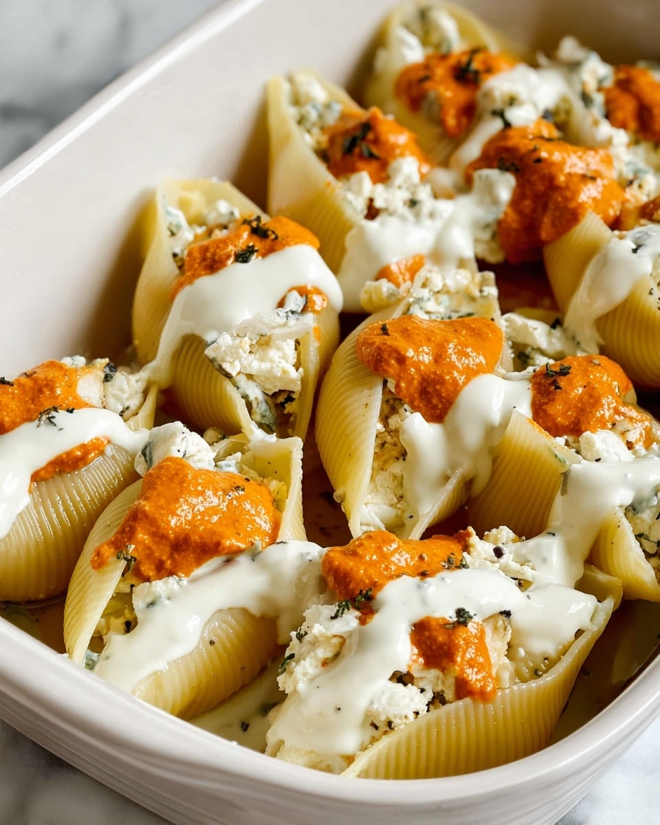 A white baking dish holds several large pasta shells arranged closely, each filled with a white crumbly cheese mixture. On top of the cheese inside the shells, a bright orange sauce is dolloped in small amounts. Over the pasta and sauce, there is a drizzle of creamy white sauce with a smooth texture and small black specks. The dish is set on a white marbled surface. photo taken with an iphone --ar 4:5 --v 7