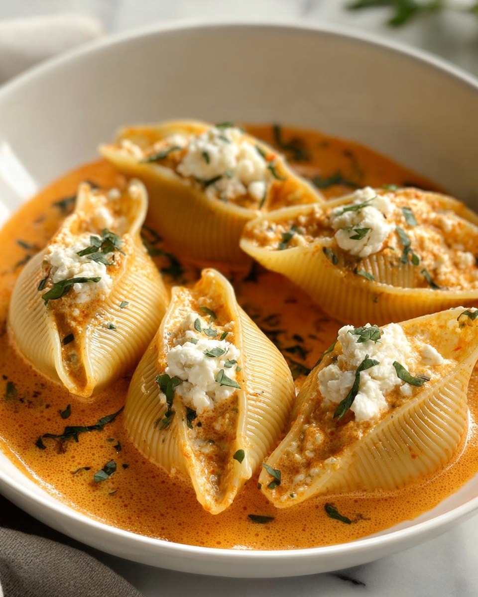 Five large pasta shells filled with a creamy orange cheese mixture are placed in a white bowl filled with a light orange sauce. Each shell is topped with a small dollop of white cheese and sprinkled with chopped green herbs. The dish sits on a white marbled surface with a soft, natural light highlighting the smooth and slightly bubbly texture of the sauce and the ridged details of the pasta shells. photo taken with an iphone --ar 4:5 --v 7