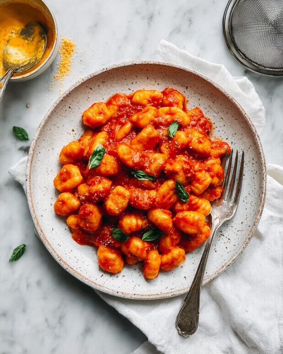 The image shows a round white speckled plate filled with small, soft gnocchi pieces coated in a thick, bright red tomato sauce. There are small green basil leaves scattered evenly on top, adding a fresh color contrast. The plate sits on a white marbled surface with a white cloth napkin beneath one side. To the right of the plate, there is an old silver fork and a slightly larger fork leaning close to each other. On the left side, there are two spoons hosting some yellow sauce, resting next to a metal scraper and a fine mesh strainer in the upper right corner. Photo taken with an iphone --ar 4:5 --v 7
