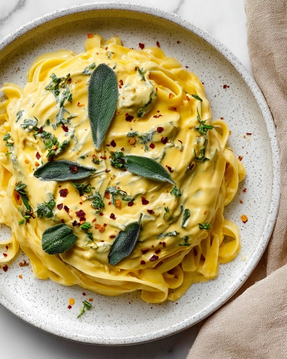 A white speckled plate holds a single layer of light yellow fettuccine pasta arranged in a loose circular shape, topped with a thick, creamy yellow sauce that covers most of the pasta but leaves the edges visible. The sauce is smooth with a few small, soft chunks and is garnished with chopped fresh dark green herbs and whole small sage leaves, along with a light sprinkle of red pepper flakes adding tiny red accents. The plate is set on a white marbled surface with a beige cloth visible in the corner. Photo taken with an iphone --ar 4:5 --v 7