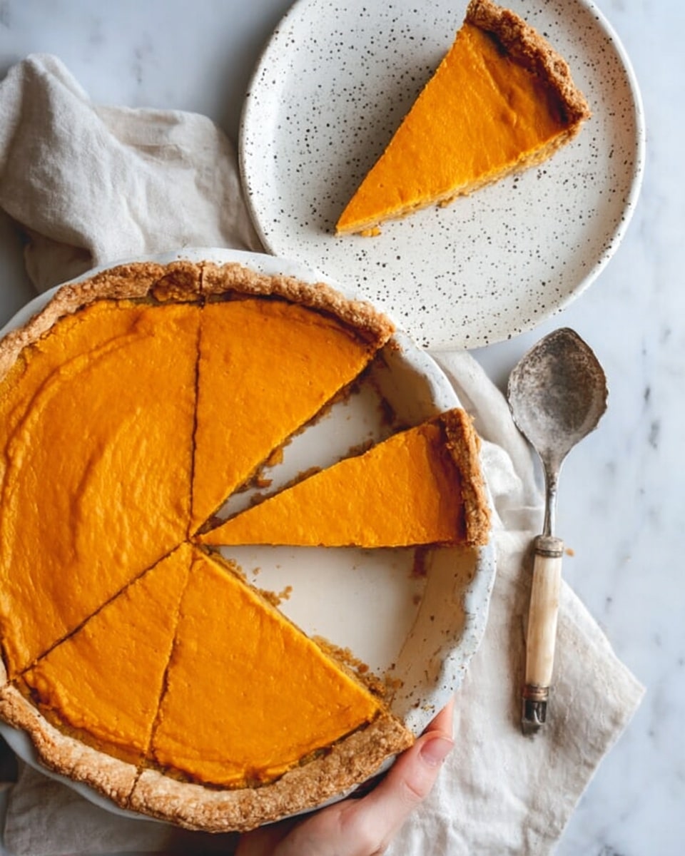 The image shows a pumpkin pie with a thick, bright orange layer of smooth pumpkin filling spread evenly over a golden-brown crust that is slightly raised around the edge. One slice is missing from the pie, and that slice is placed on a white speckled plate nearby, showing the same layered detail. The crust looks firm and has a slightly rough texture. The pie and plate rest on a soft white cloth over a white marbled surface. A large silver spoon with a wooden handle lies next to the pie, and a woman's hand is gently holding the pie dish. Photo taken with an iphone --ar 4:5 --v 7