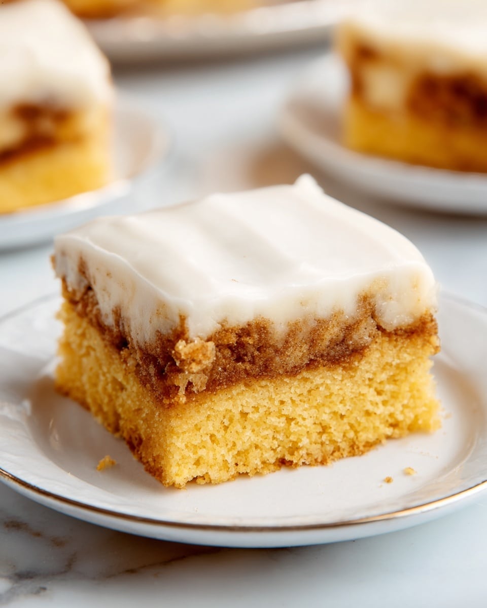 A white plate holds a square piece of cinnamon roll cake with three visible layers: a bottom cake layer in light golden yellow, a middle layer of cinnamon and sugar spiral with a rich brown color, and a top smooth layer of white icing that slightly drips down the sides. A silver fork lifts a bite-sized piece showing the cinnamon filling inside. The plate sits on a white marbled surface with a blue cloth partially visible beneath it. Photo taken with an iphone --ar 4:5 --v 7