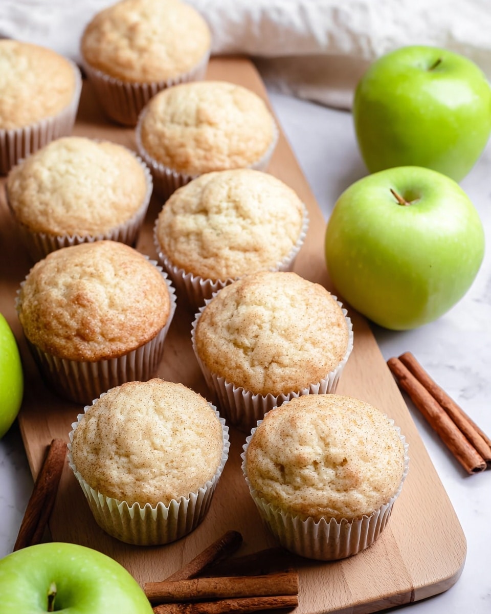 A group of ten light golden muffins is arranged closely on a beige wooden board with a smooth texture. Each muffin is held in a white ridged paper cup, and the tops look soft and slightly bumpy with a crumbly texture. Around the muffins, three whole bright green apples are placed on a white marbled surface, with two brown cinnamon sticks crossing each other in the background. The overall look is fresh and simple, with soft natural light highlighting the muffins’ tender tops and the shiny apples. Photo taken with an iphone --ar 4:5 --v 7