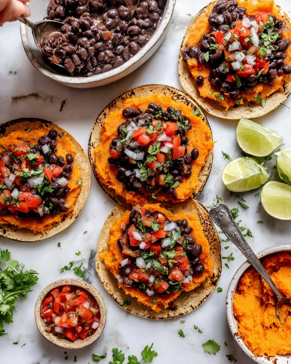 Three yellow corn tortillas are folded and placed side by side on a white plate with blue stripes. Each tortilla holds three layers: a bottom layer of black beans that look soft and slightly mashed; a middle layer of orange roasted sweet potato cubes; and a top layer with a thick slice of green avocado, a few scattered light green pumpkin seeds, white crumbled cheese, a small amount of red salsa, and bright green cilantro leaves. A wedge of lime rests on the plate beside the tacos. The plate sits on a white marbled surface, and part of a woman's hand can be seen holding a black and white striped napkin near the plate. Photo taken with an iphone --ar 4:5 --v 7