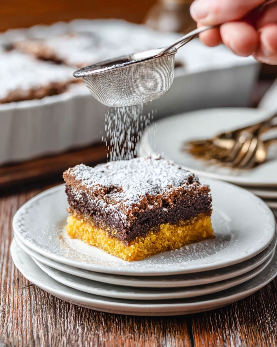 A square piece of dessert with two layers is placed on a stack of white plates. The bottom layer is thick and golden yellow with a crumbly texture, while the top layer is thinner, dark brown, and looks soft and moist. A woman's hand holds a metal powdered sugar sifter above the dessert, dusting white powdered sugar over the top. The background shows more white dishes and forks on a wooden surface. The setting contrasts the dessert colors well, emphasizing the rich dark top with a light sprinkle of sugar on it. Photo taken with an iphone --ar 4:5 --v 7