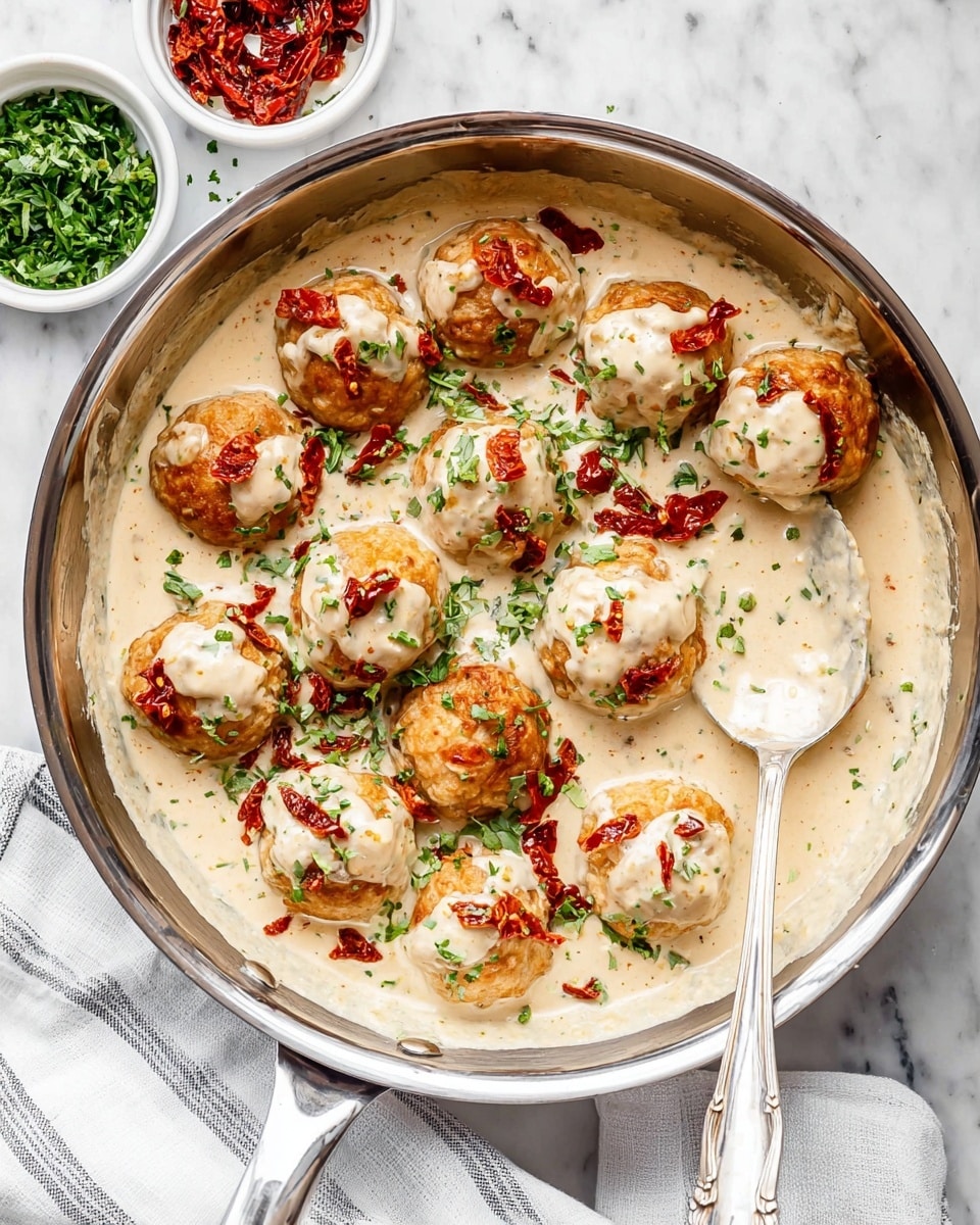 A close-up image of a metal pan filled with golden brown meatballs covered partially in a thick creamy white sauce with small red bits. The sauce surrounds the meatballs and has a smooth, rich texture with specks of black pepper and green herbs sprinkled on top. Some red sauce parts are scattered around the dish, adding color contrast. A silver spoon holds one meatball dipped in sauce on the right side. The pan is placed on a white marbled surface. Photo taken with an iphone --ar 4:5 --v 7